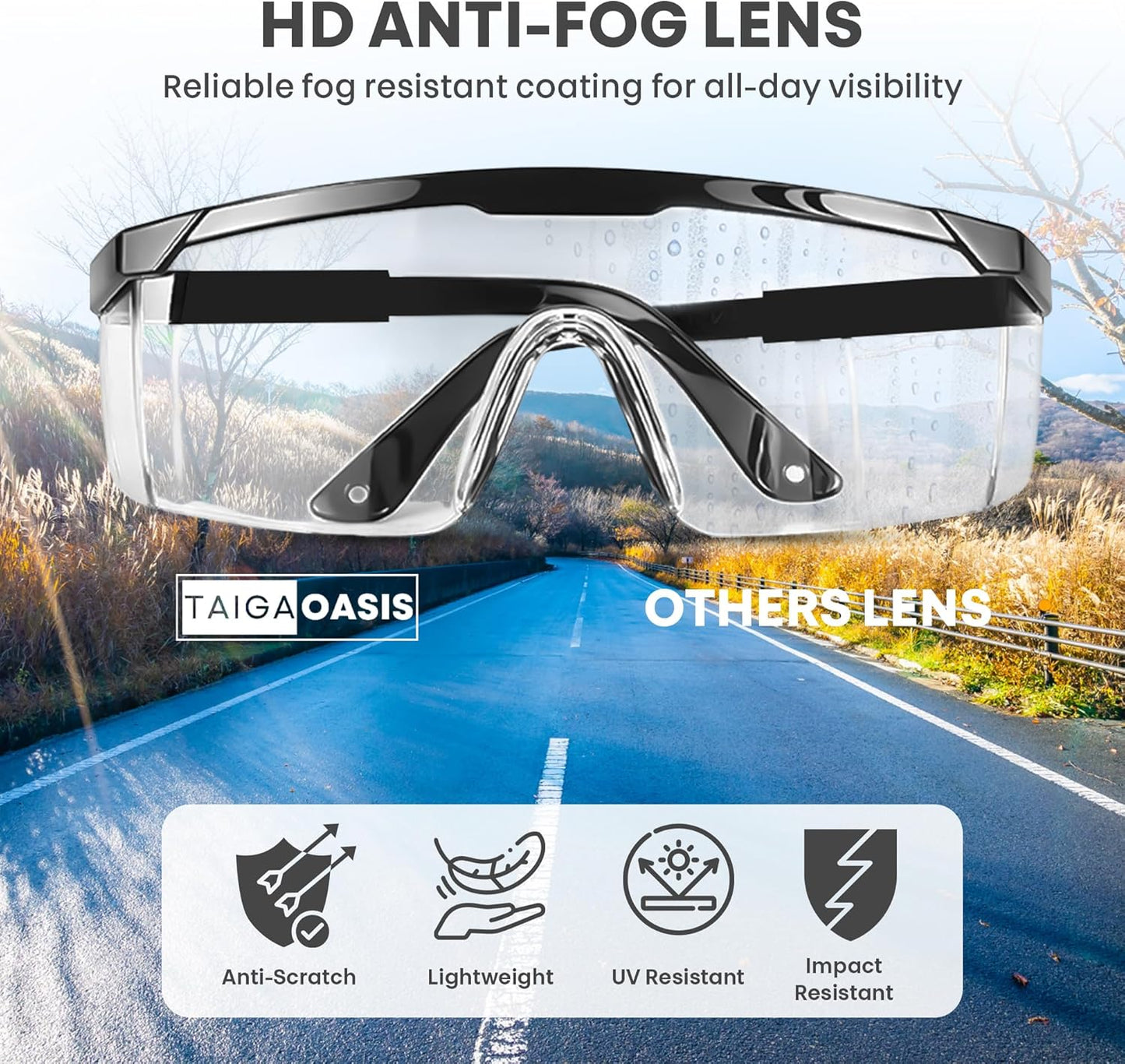 Safety Glasses, Full Coverage Lens, Built-in Brow Guard, UV Resistant, Anti-Fog, Anti-Scratches