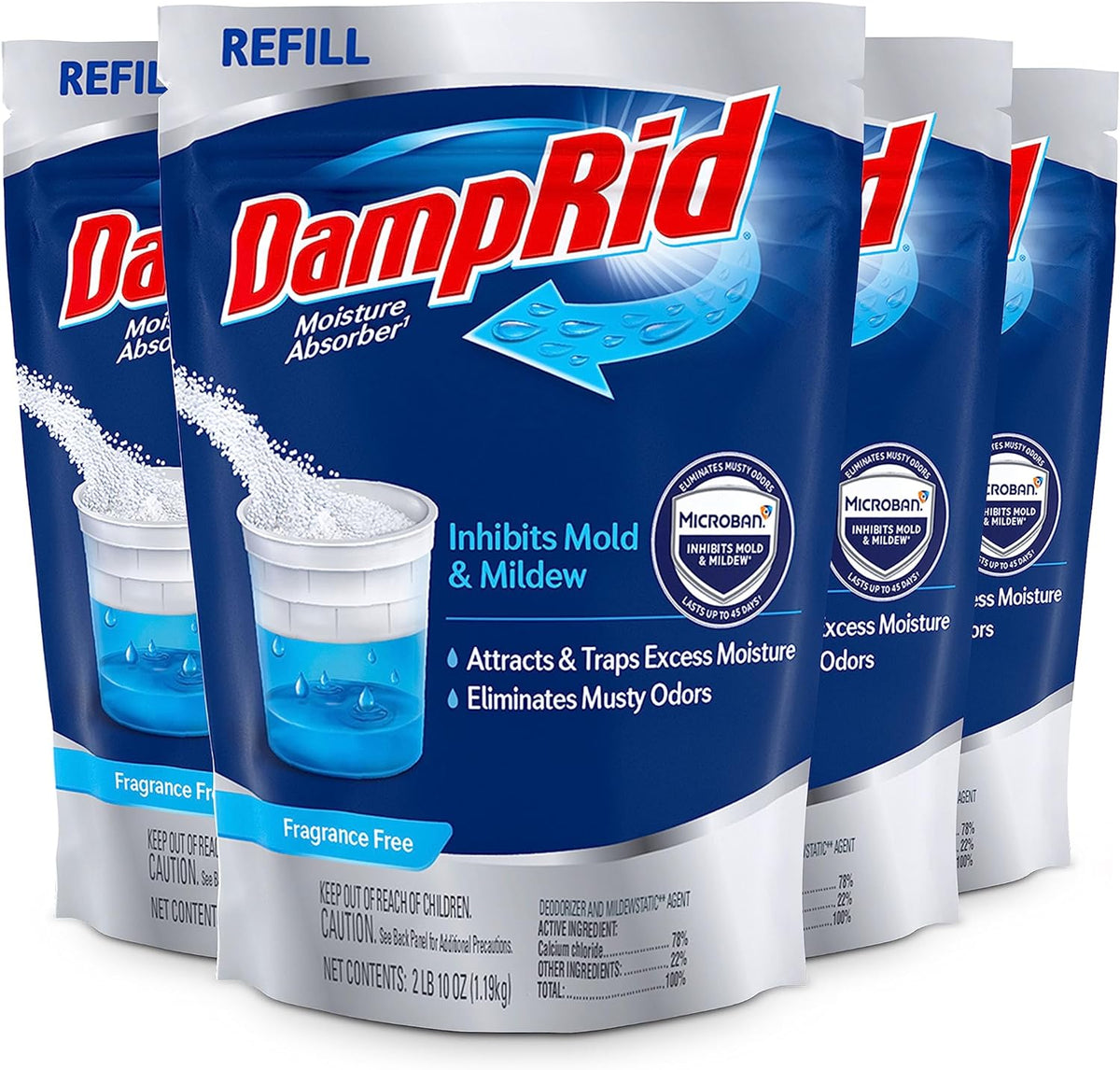 DampRid Refill Bag, 42 oz., 4-Pack - Fragrance Free Moisture Absorbers for Rooms with Excess