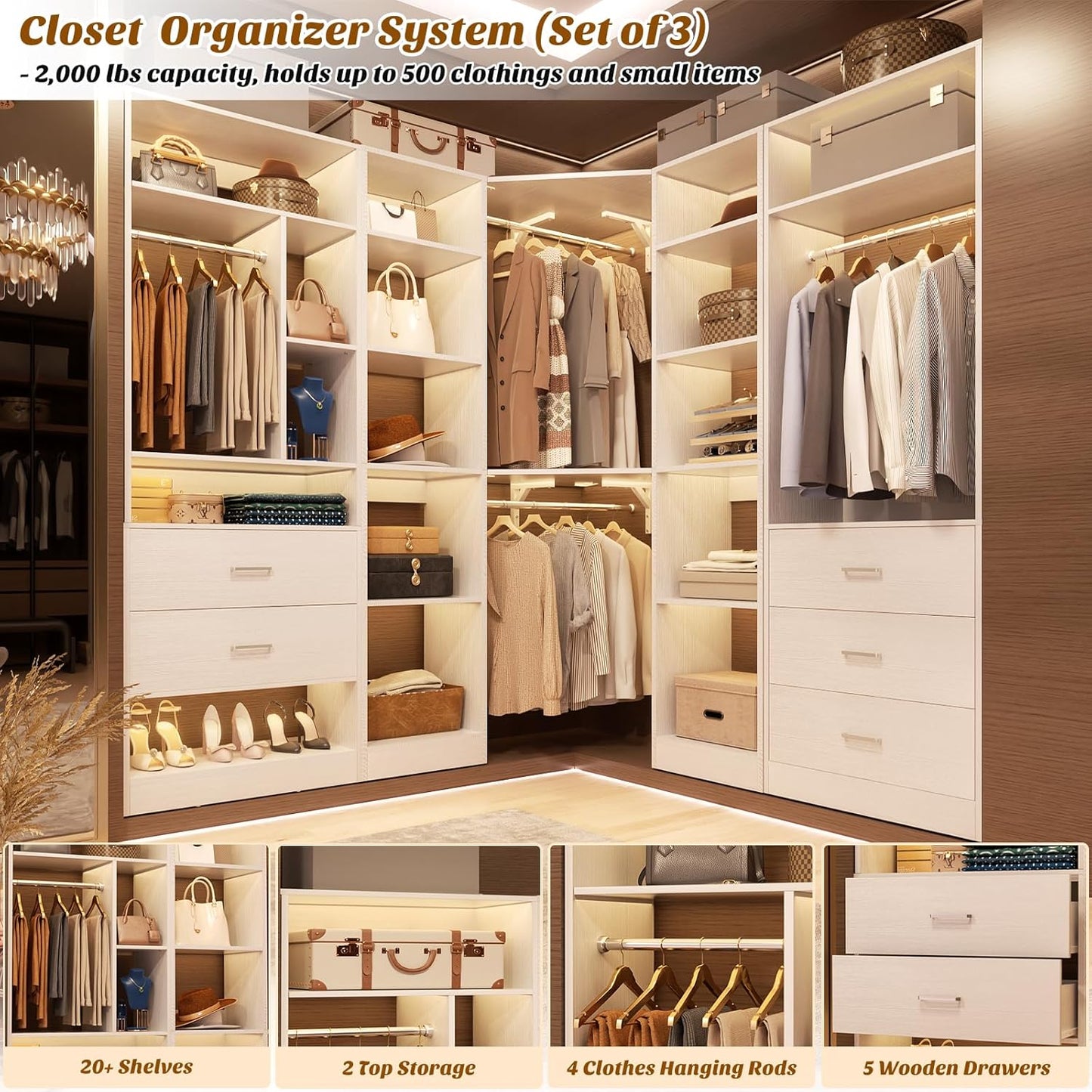 Corner Closet System with 5 Drawers, Closet Organizer System with 15+Shelvess & 4 Hanging Rods
