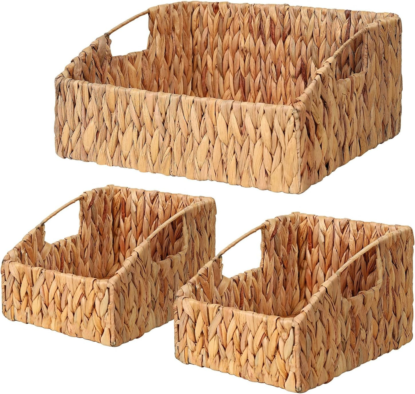 Ollieroo Natural Water Hyacinth Storage Baskets, Handwoven Wicker Storage Bins with Built-in