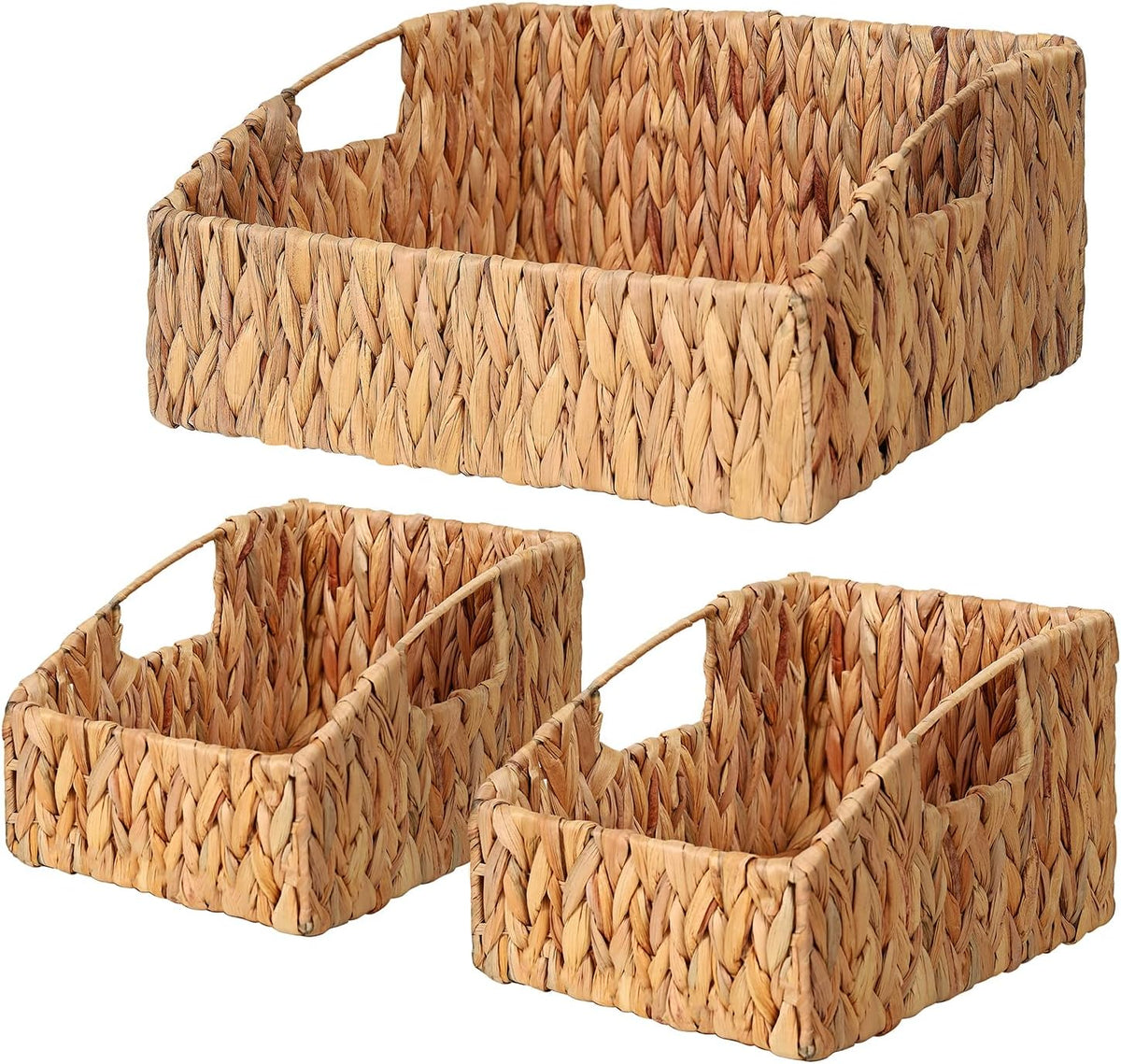 Ollieroo Natural Water Hyacinth Storage Baskets, Handwoven Wicker Storage Bins with Built-in