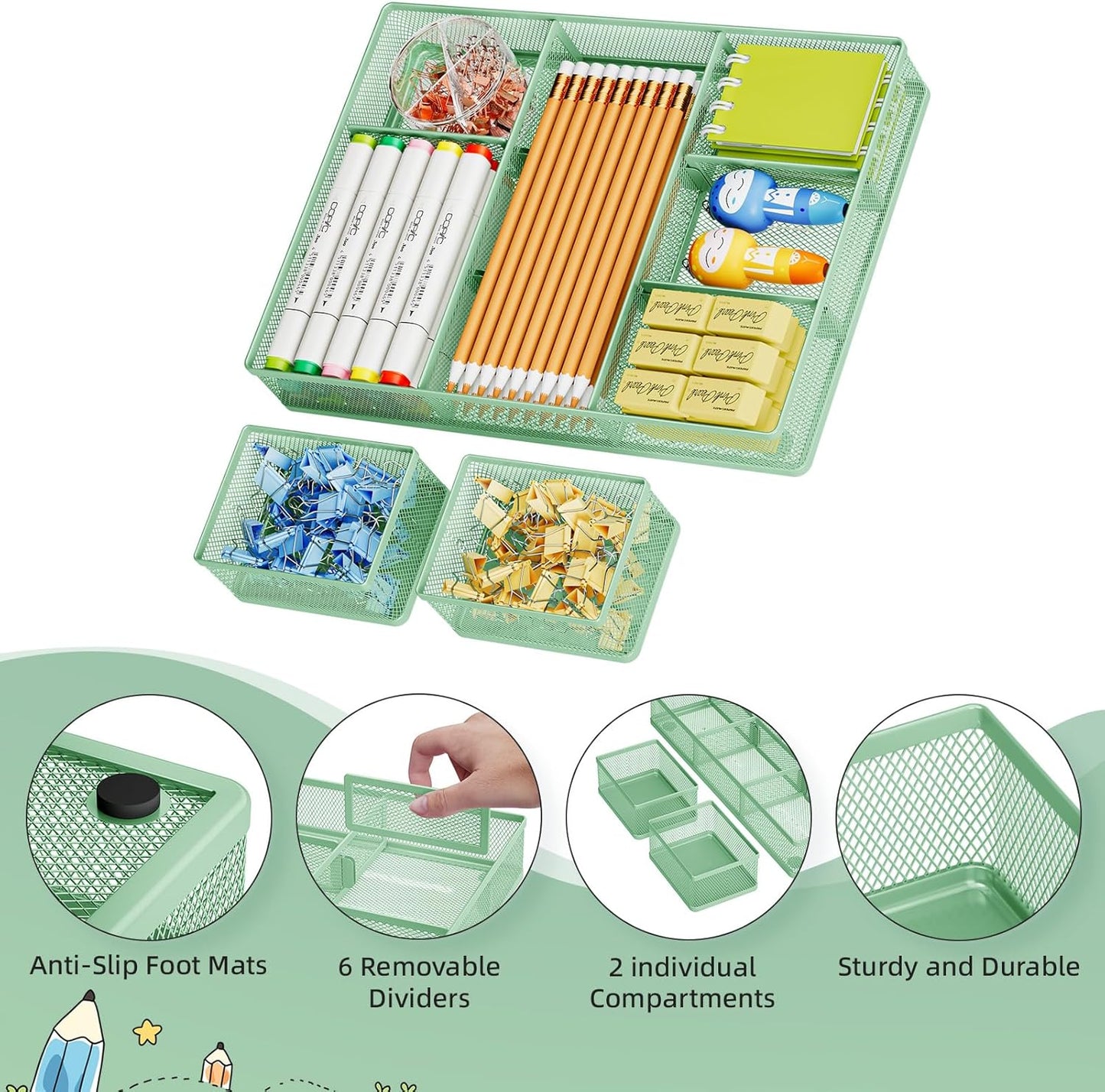 Marbrasse 3 Packs Desk Drawer Organizers, Metal Mesh Dividers with 9 Adjustable Compartments, Pen