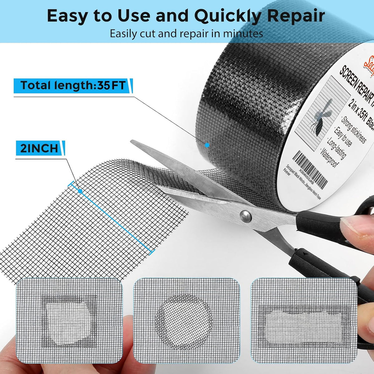 Black Window Screen Repair Tape, 2IN X 35FT (420IN) Screen Repair Kit for Windows or Doors, Strong