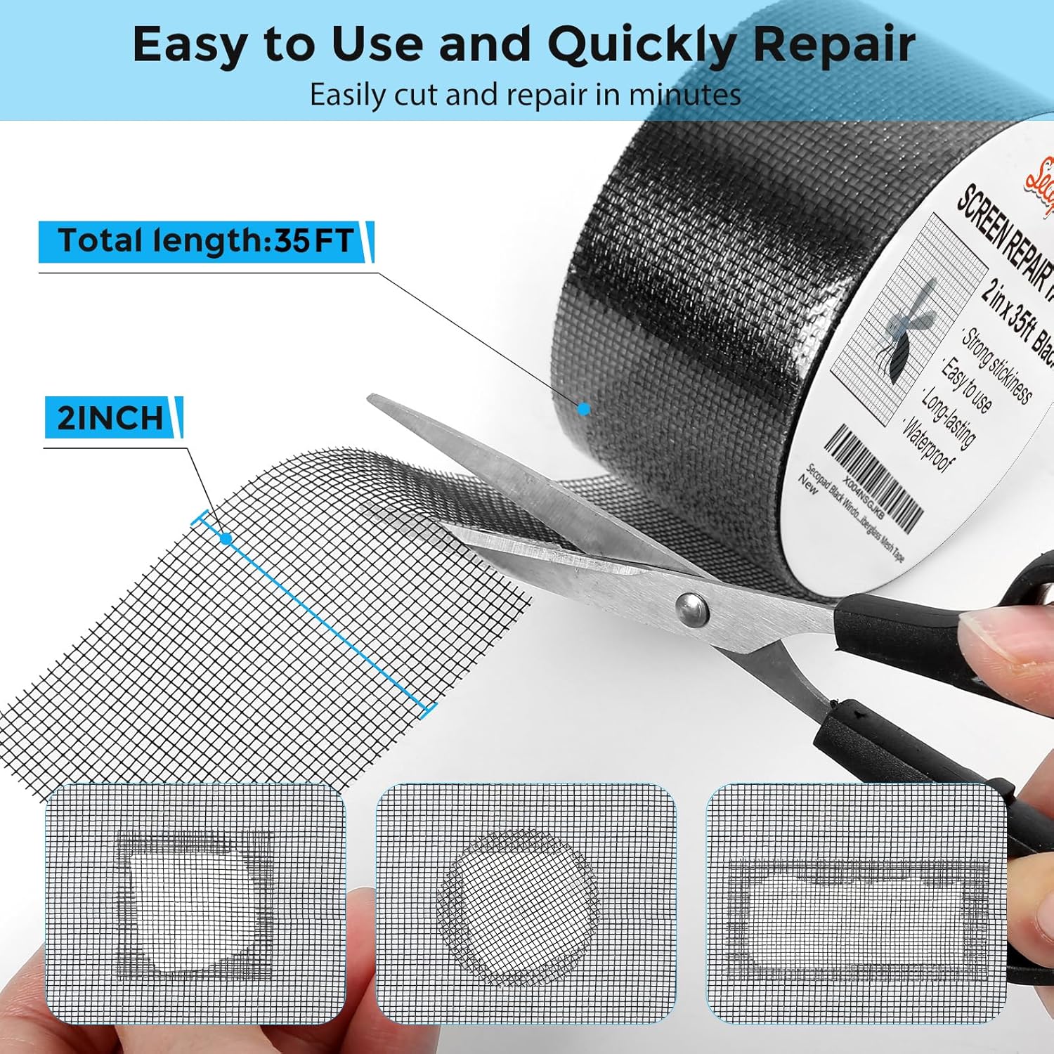 Black Window Screen Repair Tape, 2IN X 35FT (420IN) Screen Repair Kit for Windows or Doors, Strong