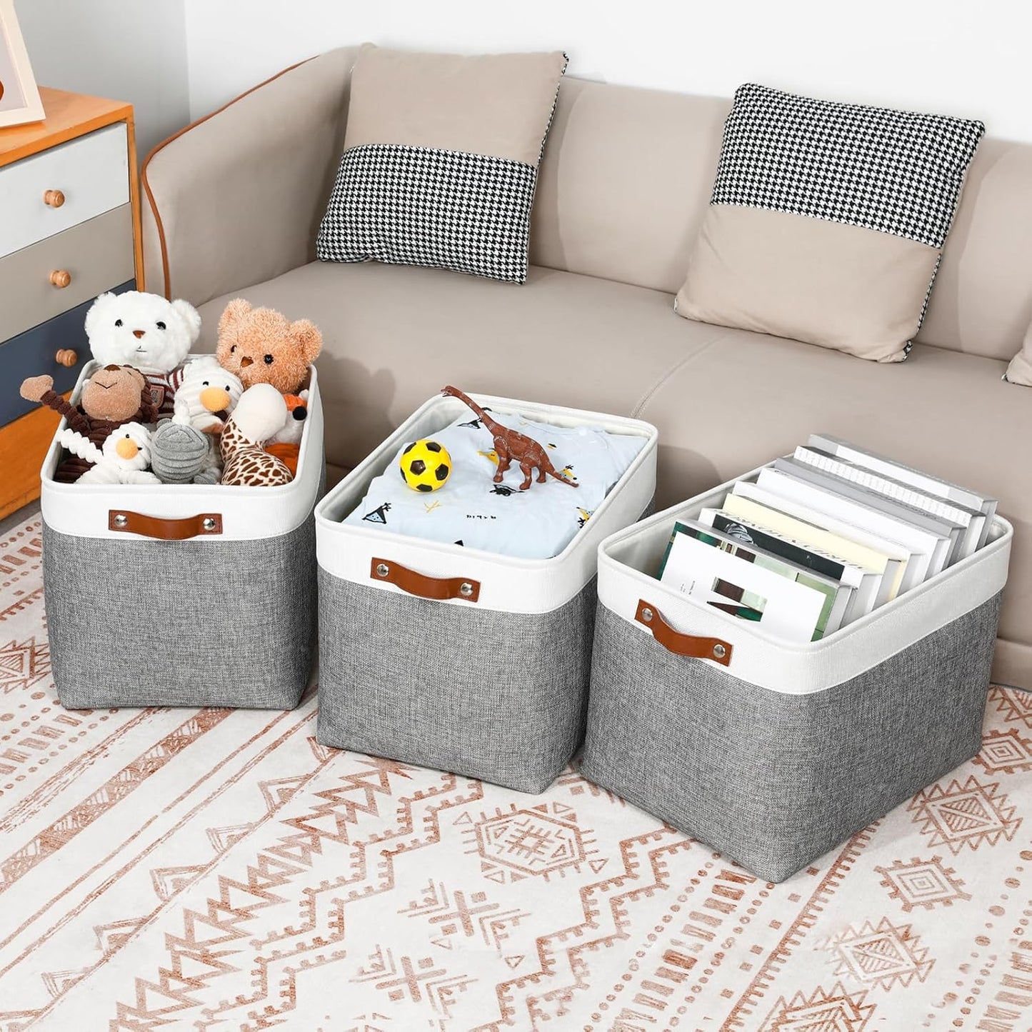 DULLEMELO Large Storage Baskets, Fabric Storage Basket with Leather Handles for Shelves Closet