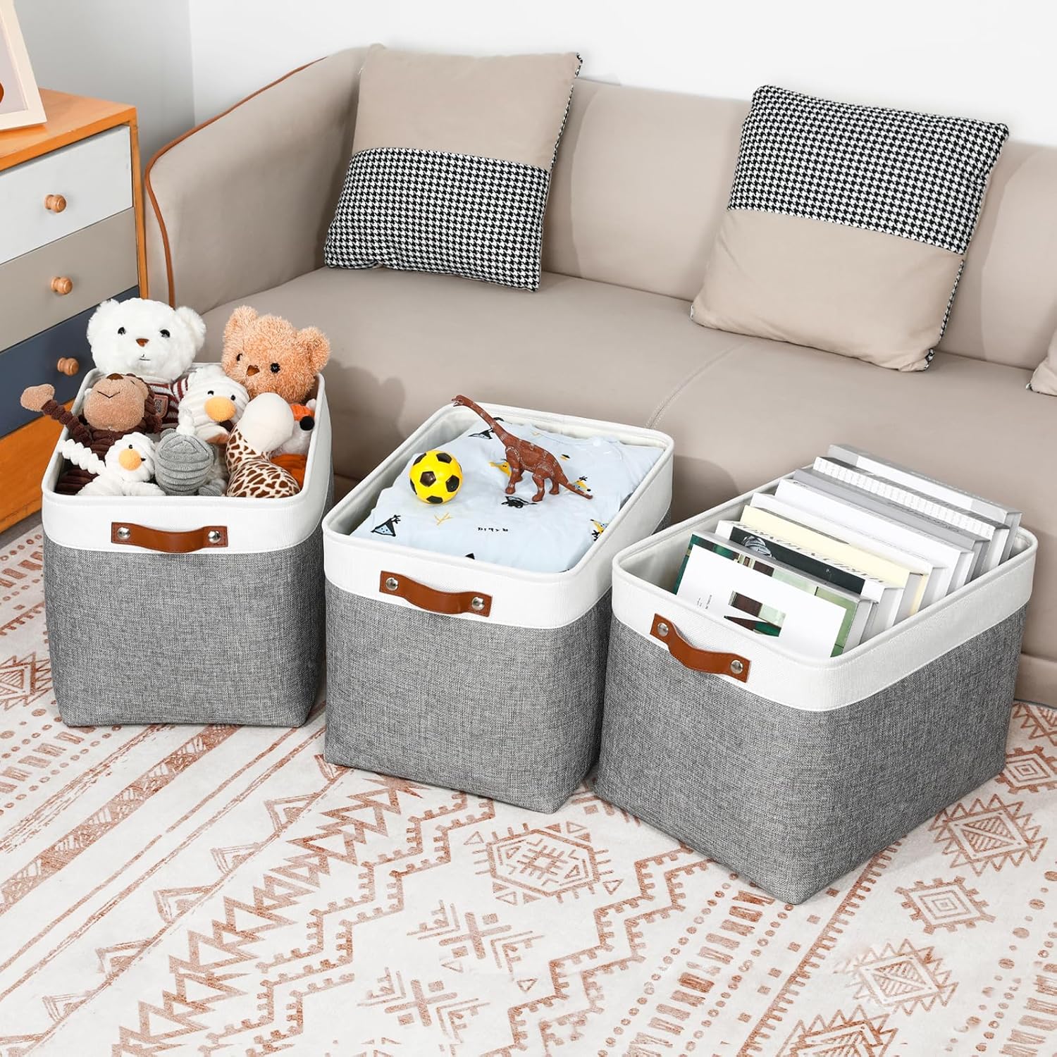 DULLEMELO Large Storage Baskets, Fabric Storage Basket with Leather Handles for Shelves Closet