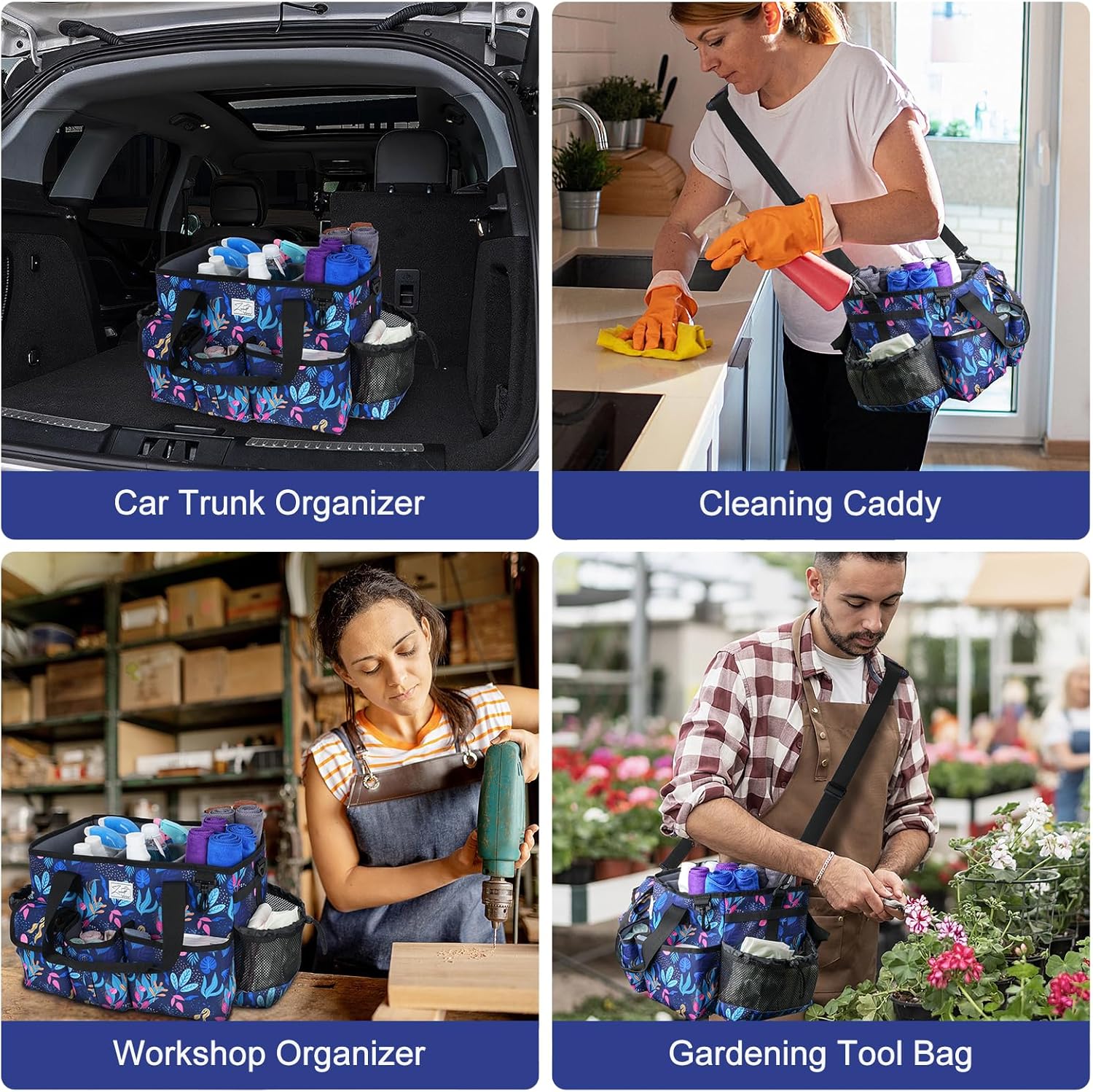 Cleaning Organizer, Large Caddy Bag for Supplies, Housekeeper's Bag with Handle (Blue Leaf)