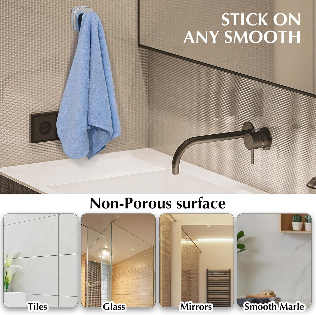 Suction Cup Hooks for Shower - Reusable No-Drill Mounting - Hooks for Towels, Robes & Loofah on