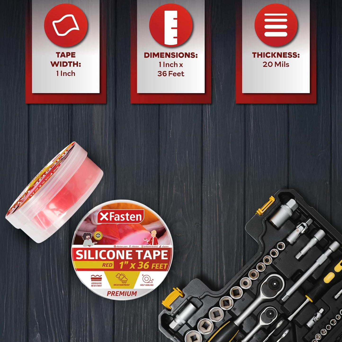XFasten Self Fusing Silicone Tape Waterproof – 1" x 36 Feet Red, Self Amalgamating Tape, Silicone