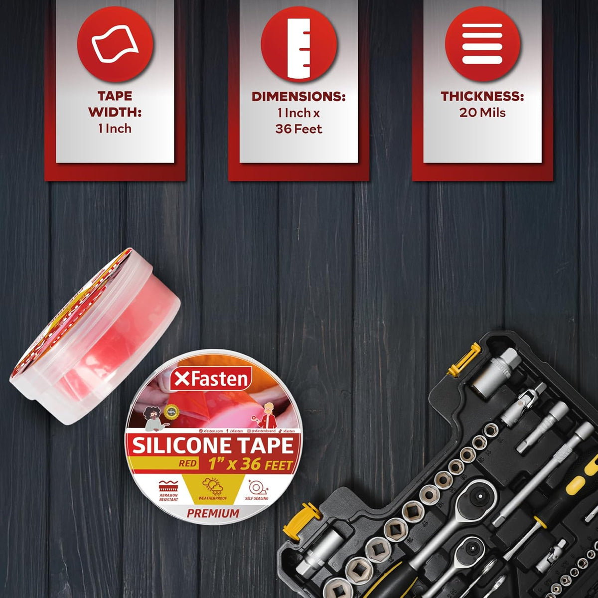 XFasten Self Fusing Silicone Tape Waterproof – 1" x 36 Feet Red, Self Amalgamating Tape, Silicone