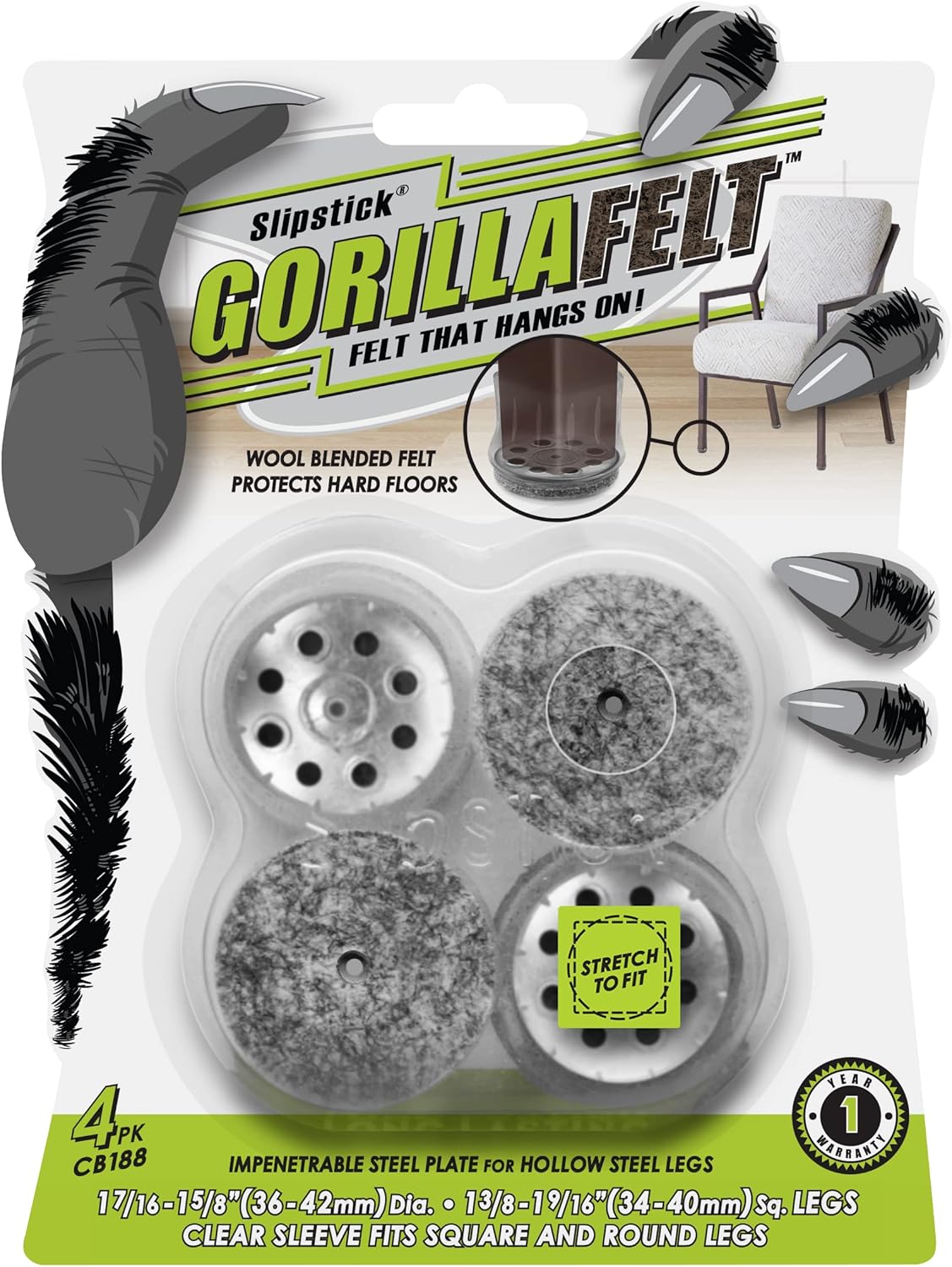 Slipstick GorillaFelt Chair Leg Floor Protectors for Hardwood Floors, Clear Sleeve Felt Pads for
