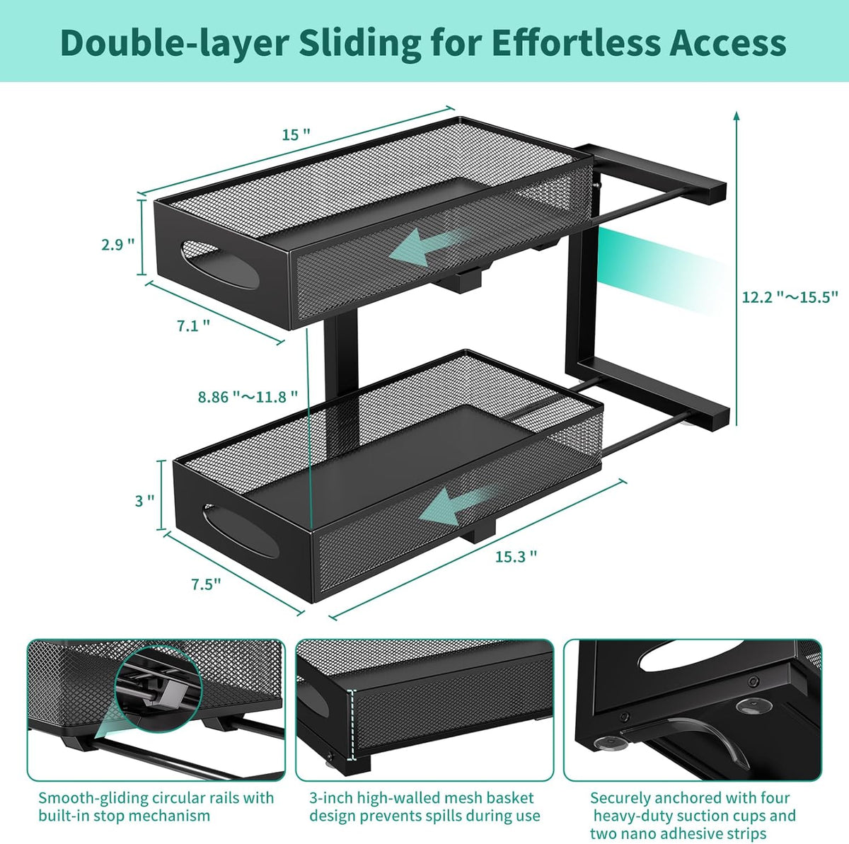Under Sink Organizer, 2-Pack of 2-Tier Metal Slide Out Pull Out Cabinet Organizer Shelf, Height
