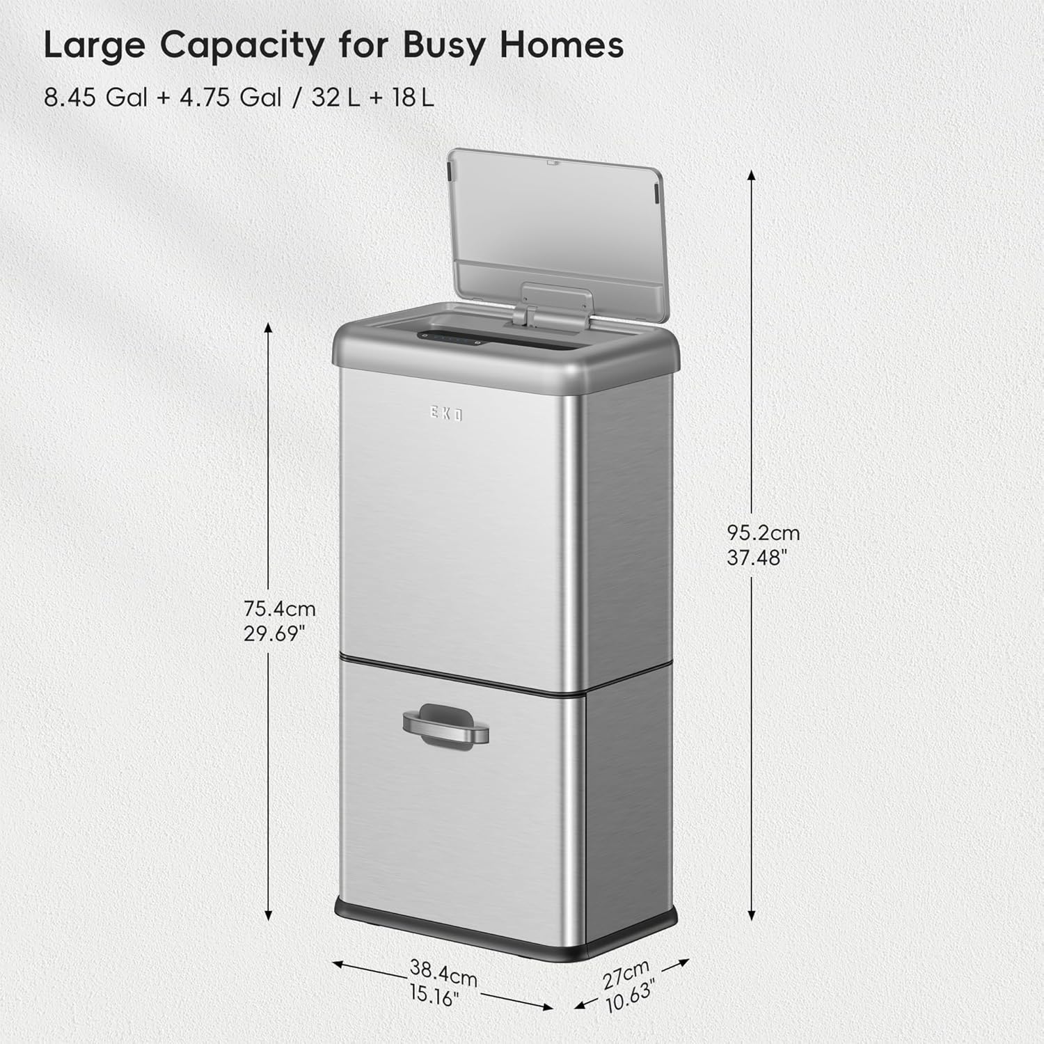 EKO Vintage 50L / 13.2 Gallon Motion Sensor Trash Can, Dual Compartment 32L + 18L Stainless Steel