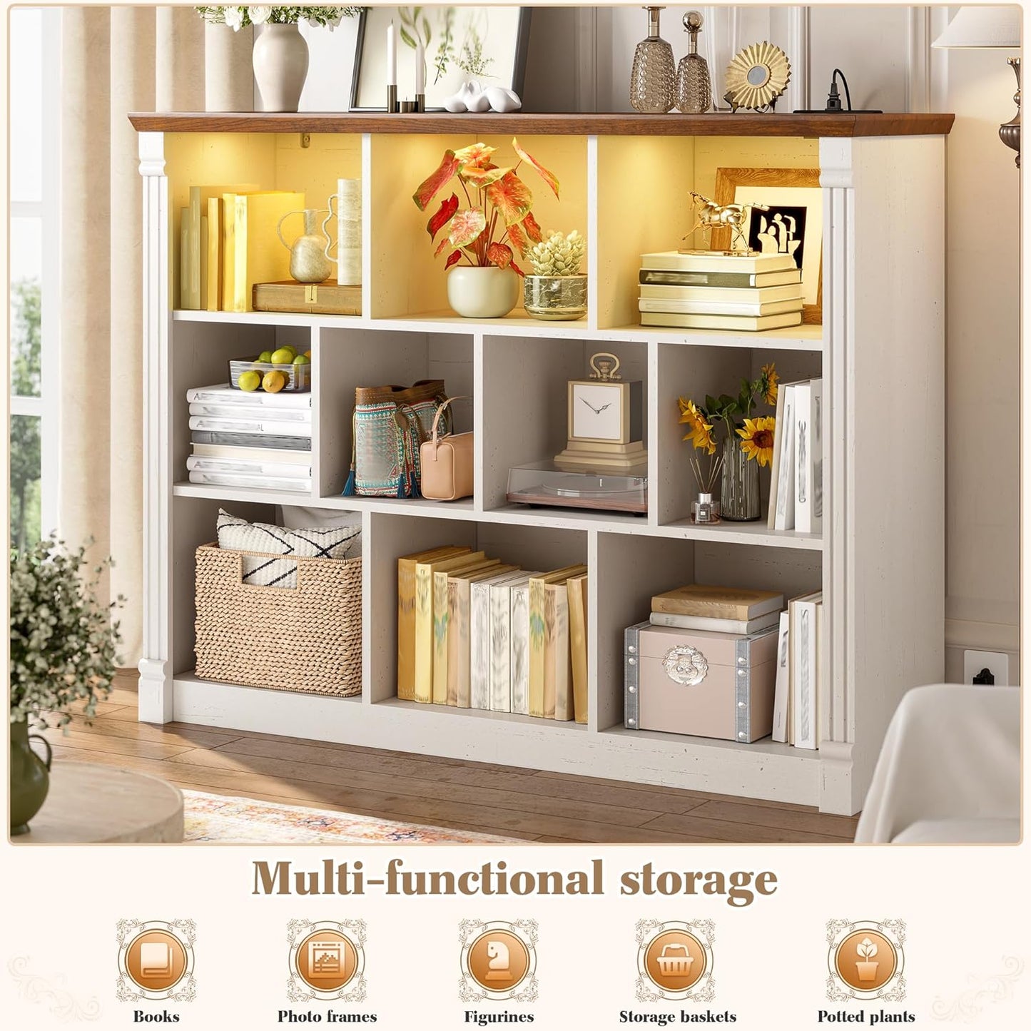 EnHomee 10 Cube Storage Organizer with LED Light and Charging Station Wood Cube Shelf White