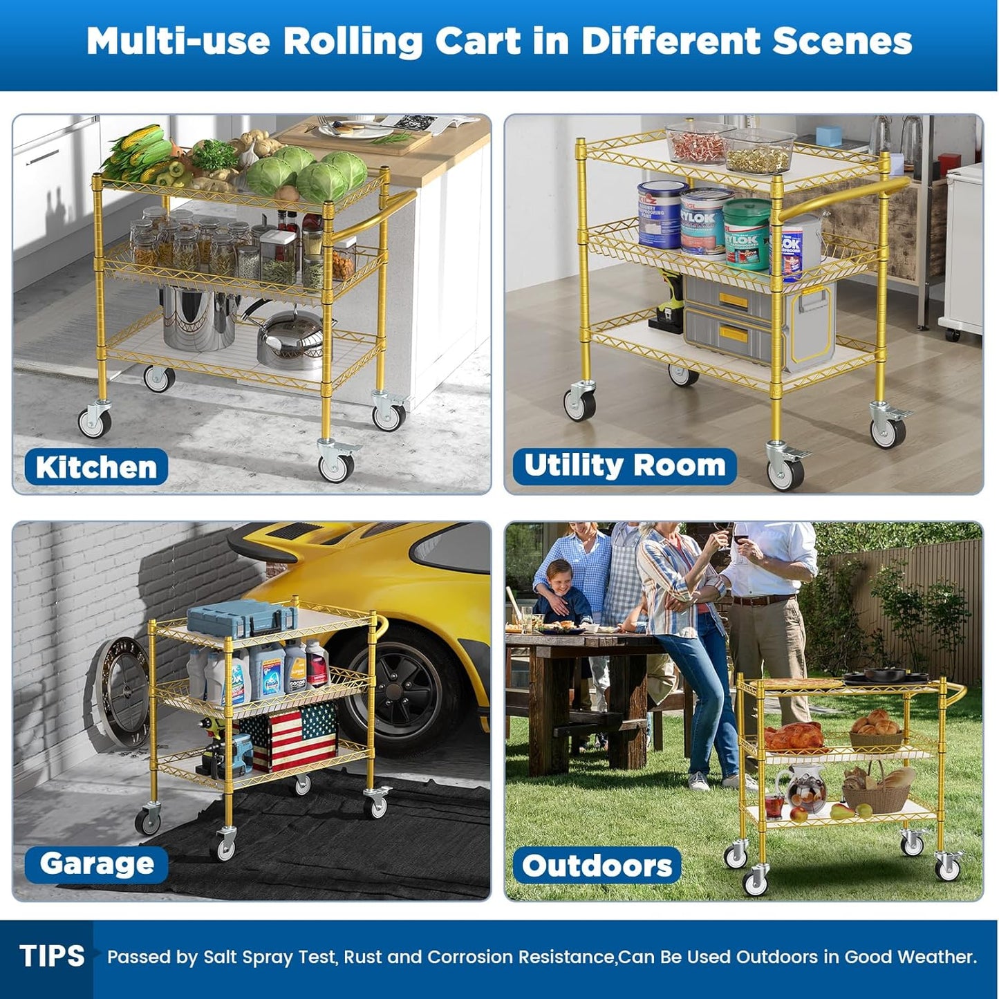 Leteuke 3 Tier Rolling Carts with Wheels,Heavy Duty Utility Bar Cart,NSF Commercial Grade Metal
