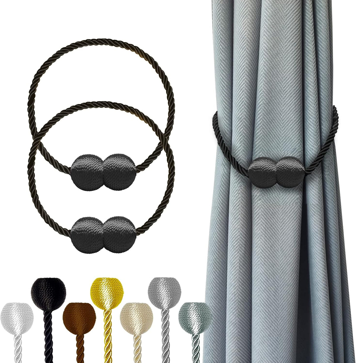 Hion Magnetic Curtain Tiebacks Black 2pcs, Curtain Tiebacks Buckles Holdbacks Holders Hooks Clip