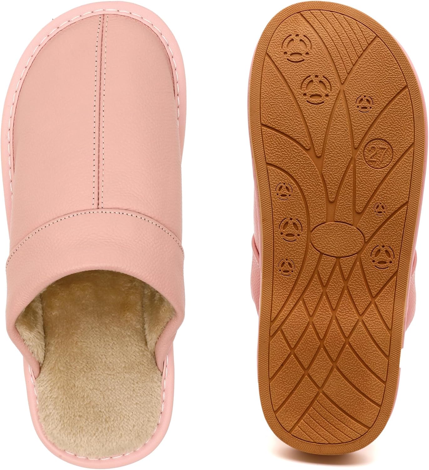 Slippers for Women Men, Genuine Leather Slippers Indoor Outdoor, Fuzzy Bedroom House Shoes for