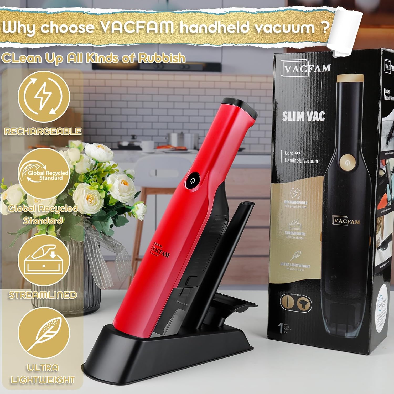 Handheld Vacuum Cordless,15KPA High Power Suction,USB Quick Charge,Car Vacuum Cleaner with Storage