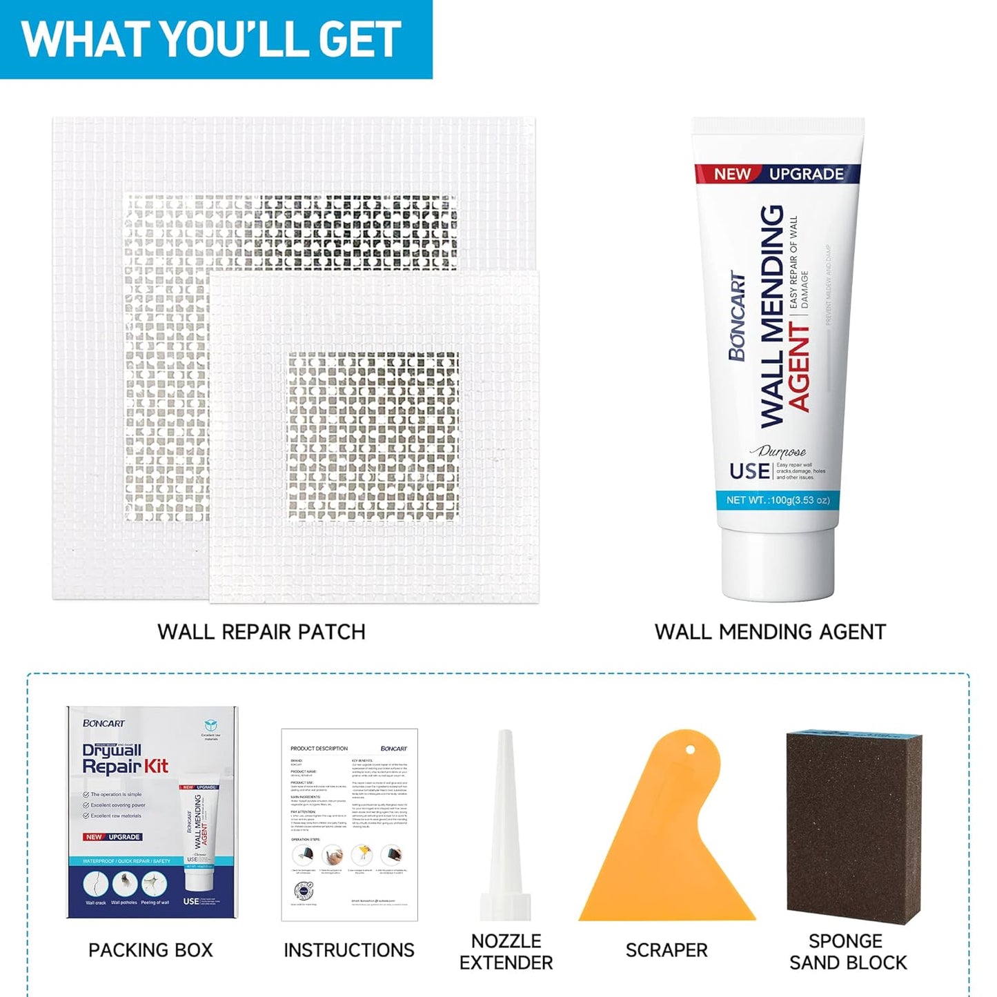 Wall Spackle & Drywall Repair Patch Kit with Mending Agent Putty, Repair Paste Plaster, Scraper &