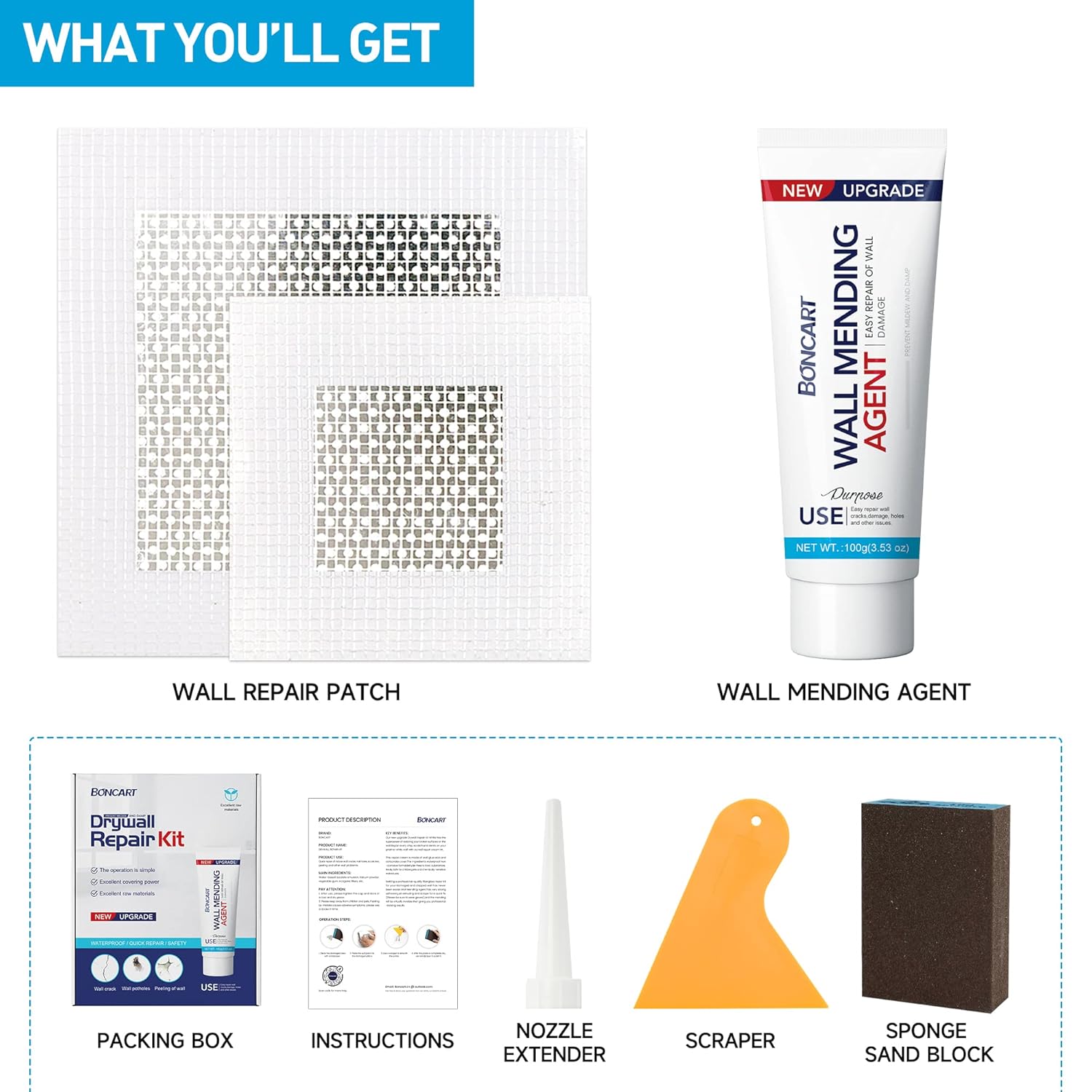 Wall Spackle & Drywall Repair Patch Kit with Mending Agent Putty, Repair Paste Plaster, Scraper &