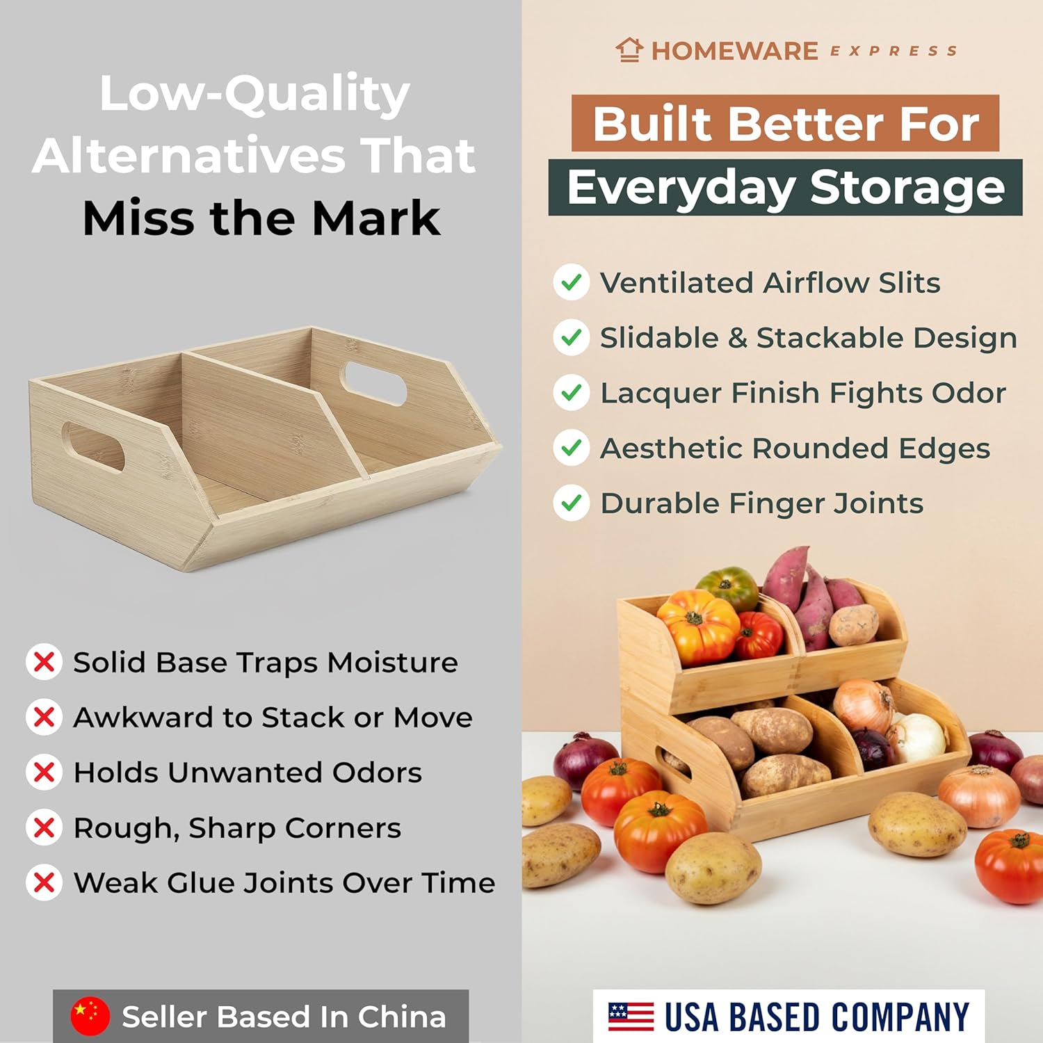 Potato and Onion Storage Bin for Pantry and Kitchen Counter - Ventilated Stackable Bamboo Organizer