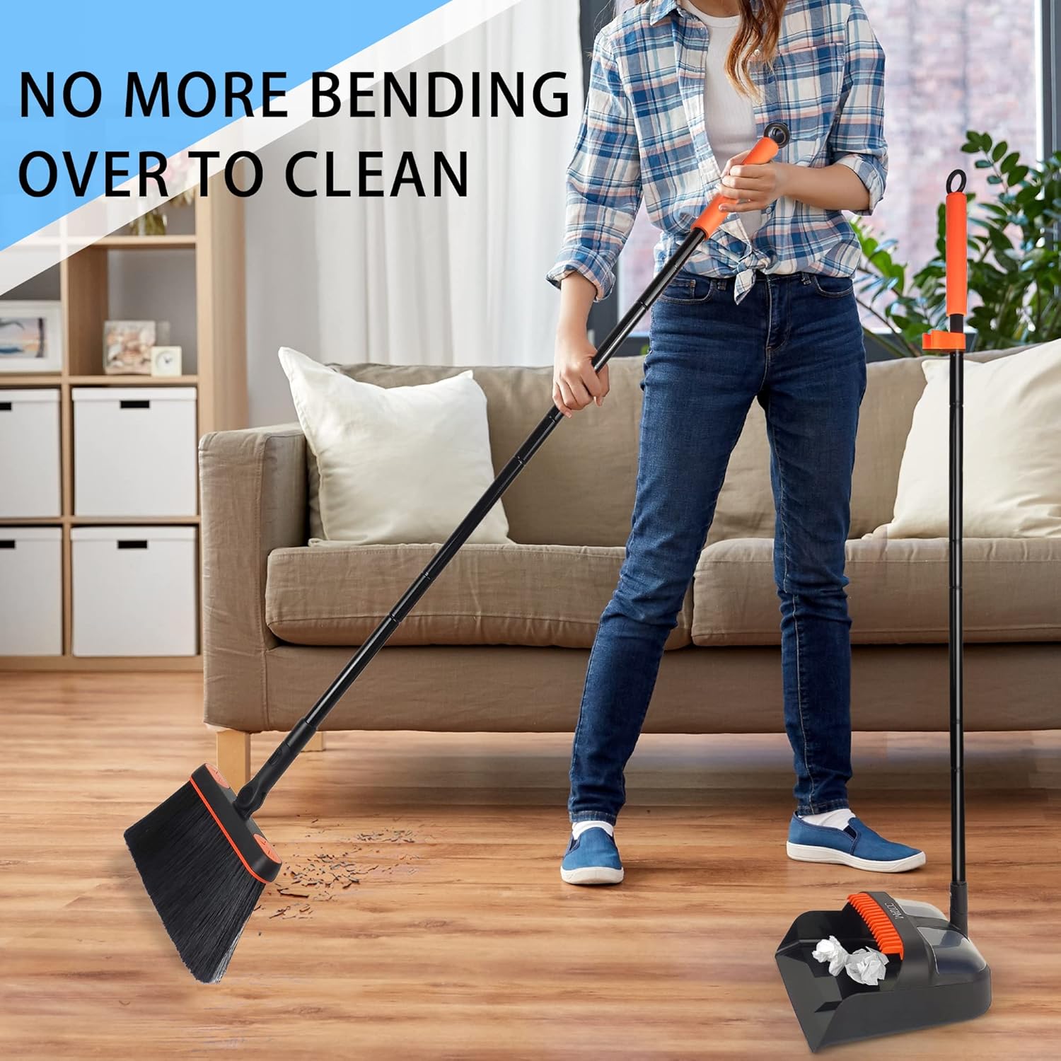 JEHONN Broom and Dustpan Set for Home, Long Handle Lightweight 180 Degree Rotating Broom Set