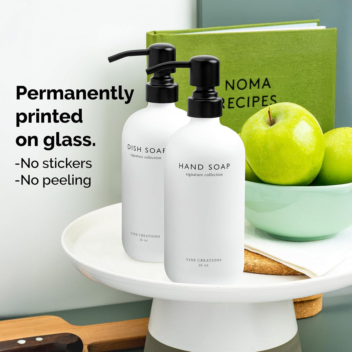 Vine Creations White Glass Soap Dispenser Set, Dish Soap and Hand Soap Dispenser Set with Stainless
