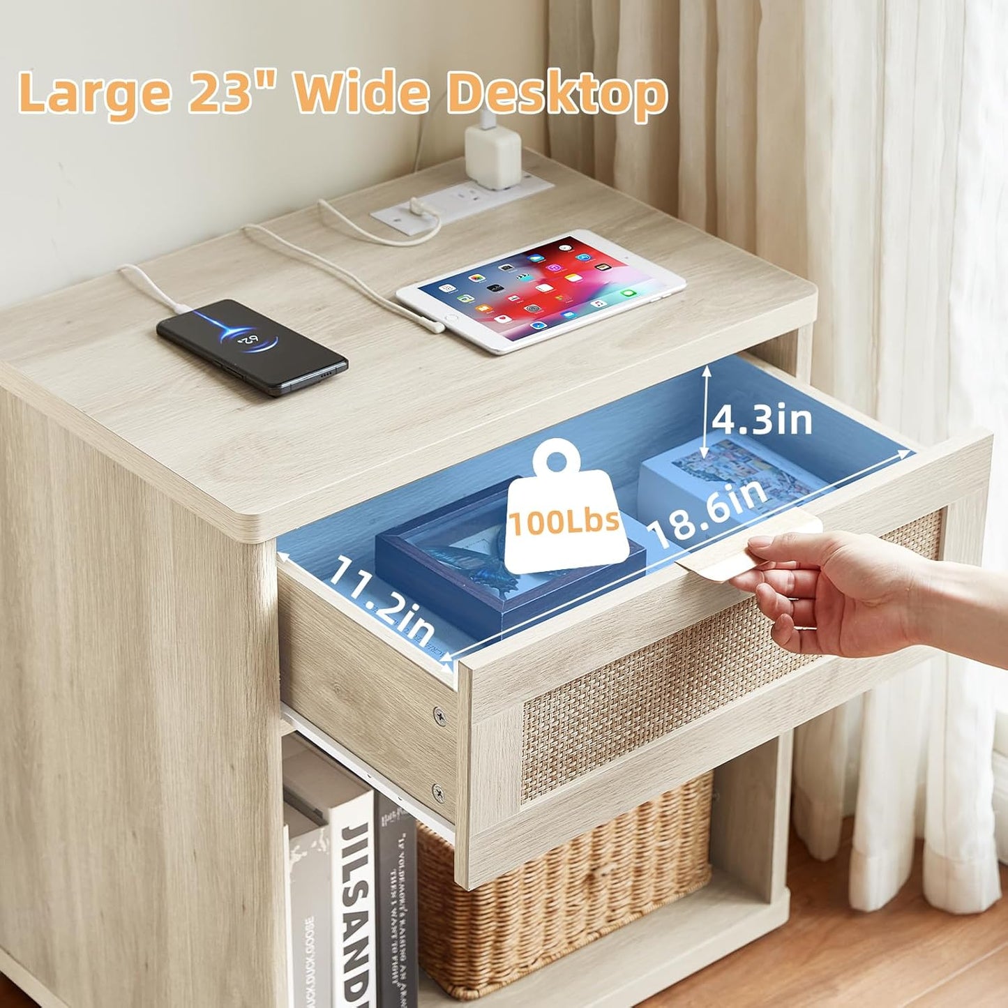 LEYAOYAO Rattan Nightstands Set of 2 with Charging Station, 23" Wide Boho Night Stand with Drawer