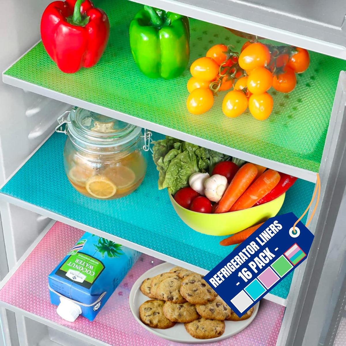 Refrigerator Liners for Shelves (16 Pack) by Linda’s Essentials - Non-Adhesive Shelf or Drawer
