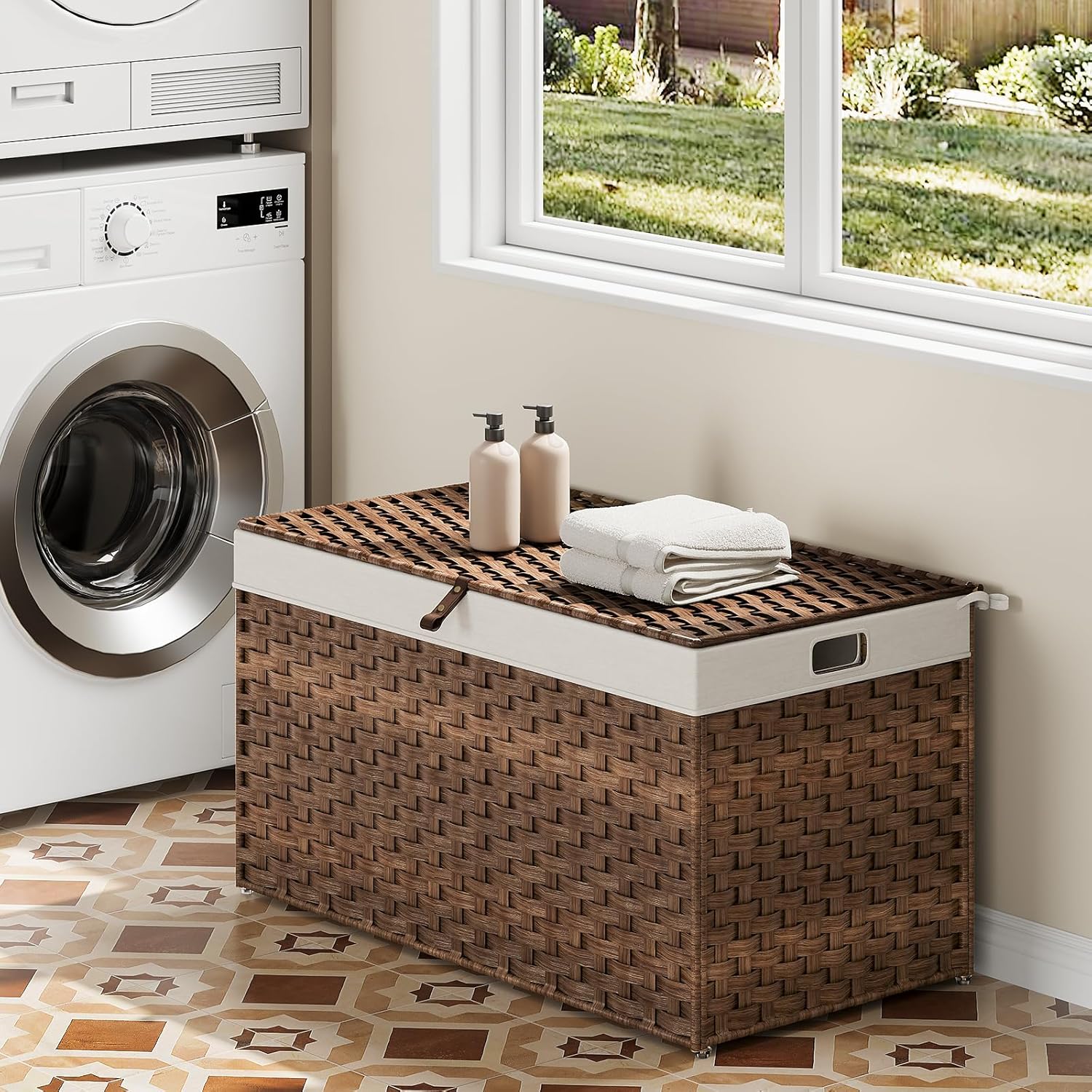HOOBRO Storage Basket with Lid, 42.3 Gallon (160L) Wicker Basket, Handwoven Blanket Storage Basket