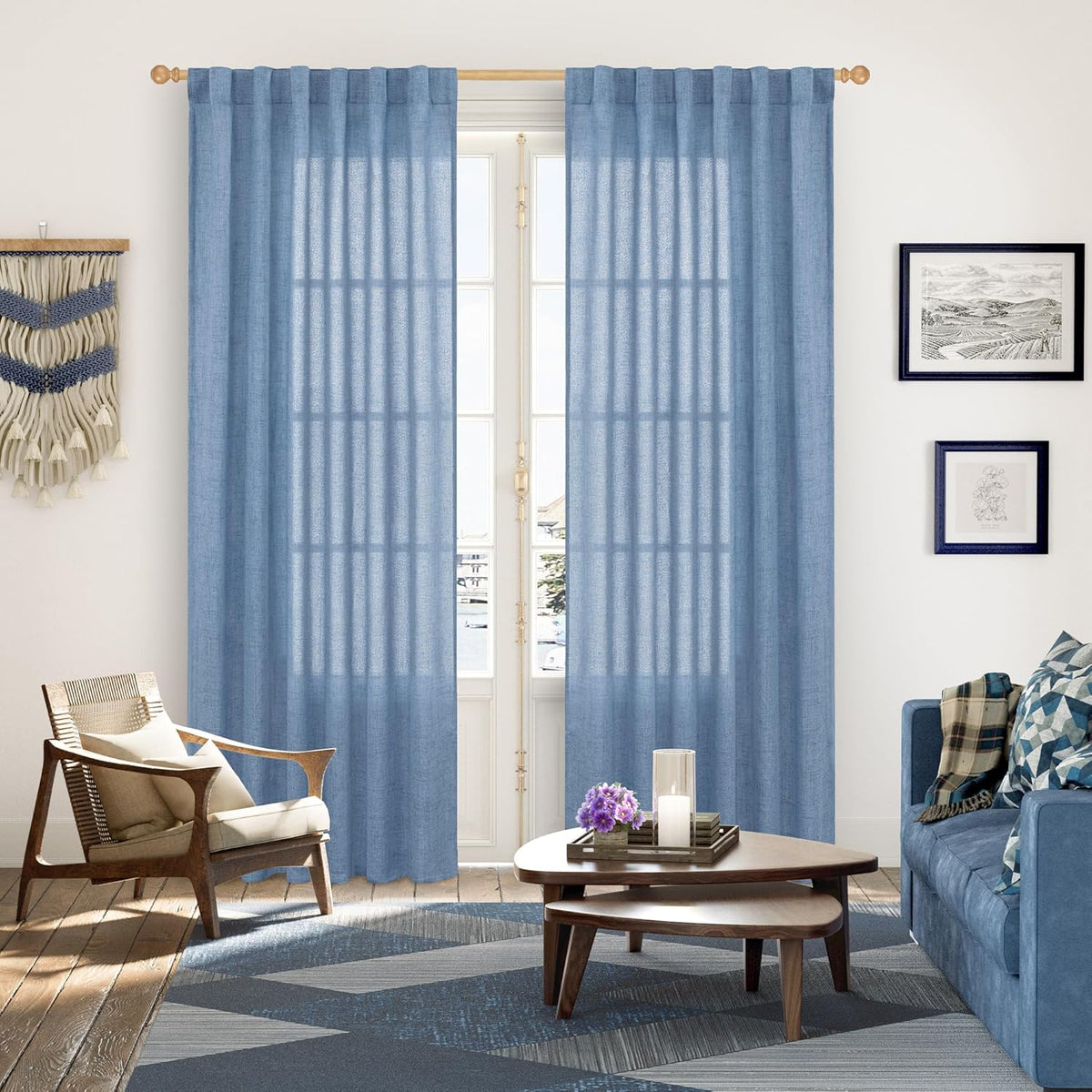 YoungsTex Denim Blue Linen Semi Sheer Curtains 84 Inches Long for Living Room 2 Panels, Light