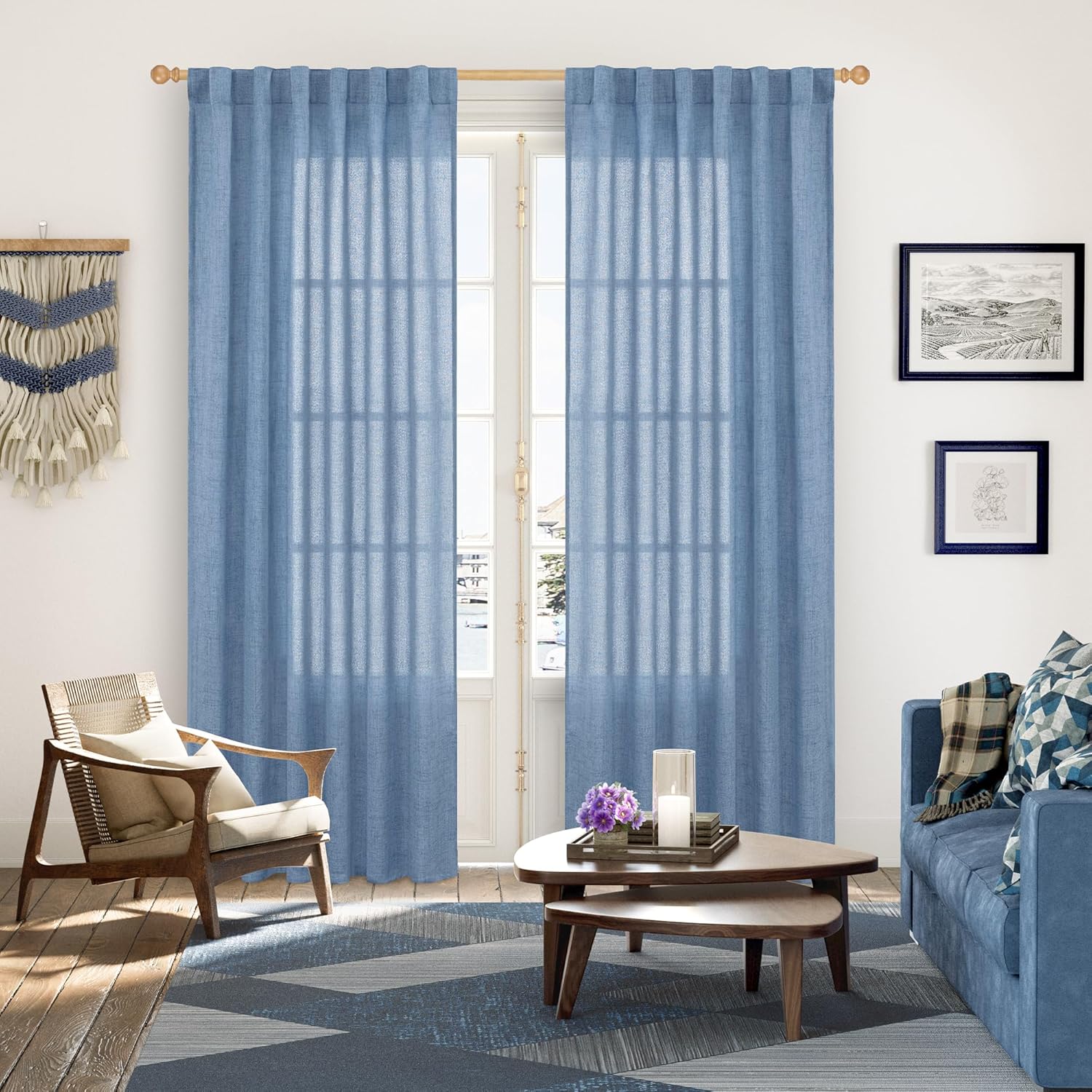 YoungsTex Denim Blue Linen Curtains 80 Inch Length for Living Room, Light Filtering Semi Sheer