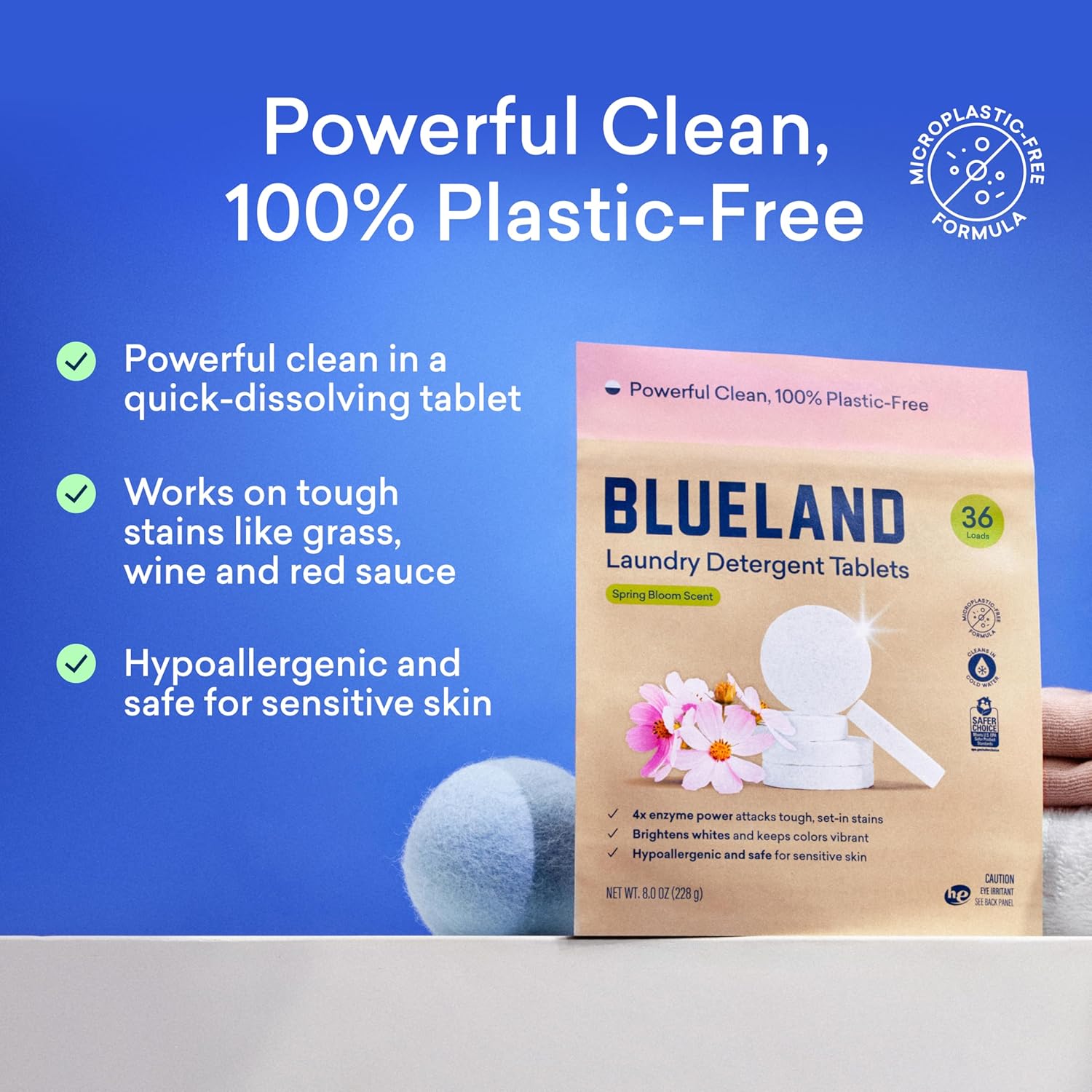 BLUELAND Laundry Detergent Tablets, 120 Count, Spring Bloom Scent, Plastic-Free Eco-Friendly Pods