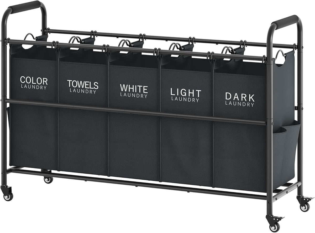 Tajsoon 5 Bag Laundry Sorter Cart, 5 Section Laundry Hamper with Heavy Duty Rolling Lockable