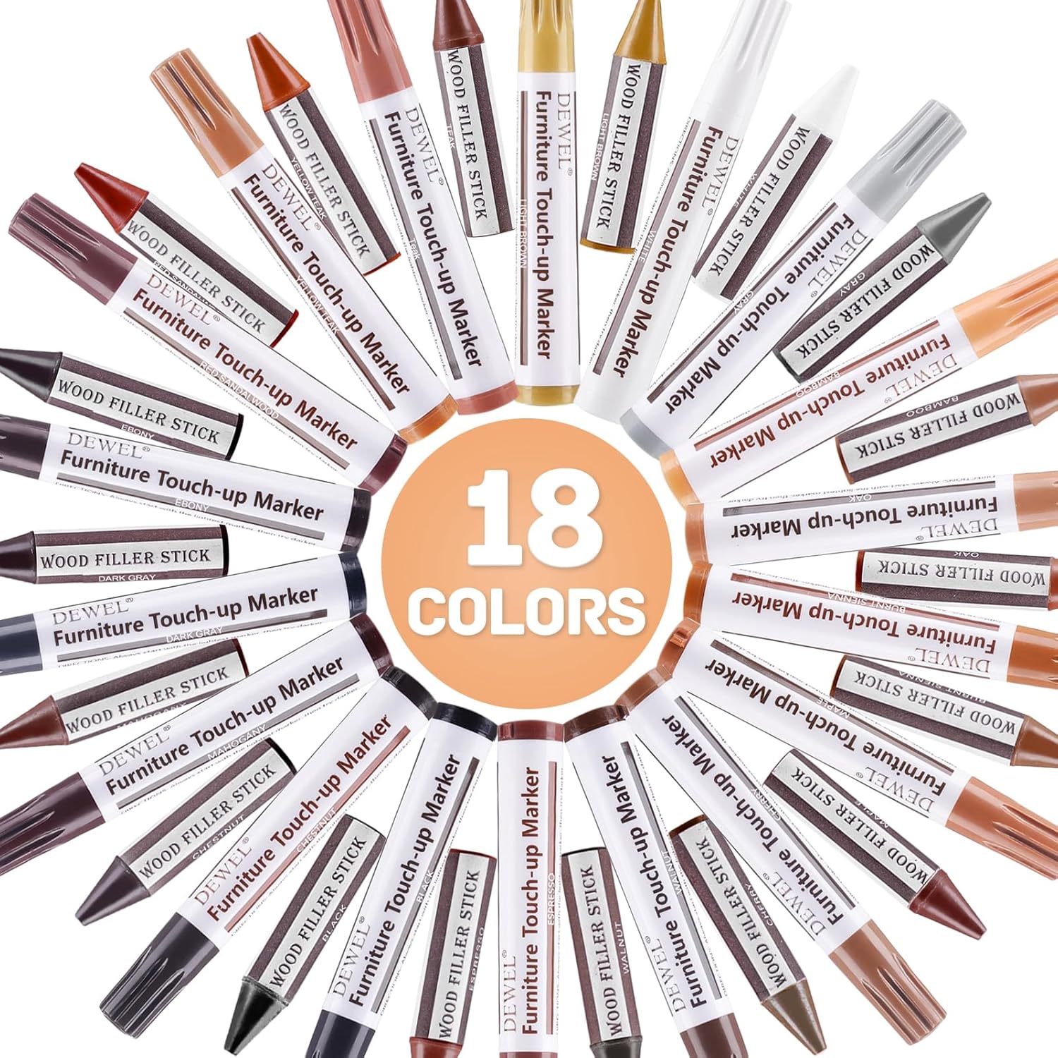 DEWEL Wood Furniture Markers & Filler Sticks Repair Kit, New Improved 18 Colors Touch Up Markers