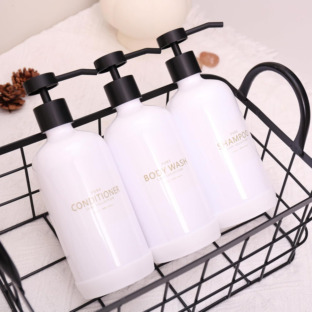 Shampoo and Conditioner Dispenser Set of 3,Refillable 21oz Shampoo Bottles with Non-Slip Protective