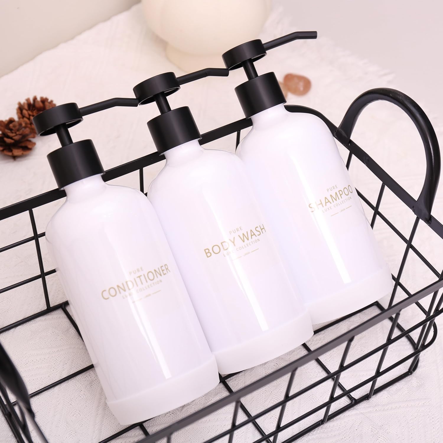 Shampoo and Conditioner Dispenser Set of 3,Refillable 21oz Shampoo Bottles with Non-Slip Protective