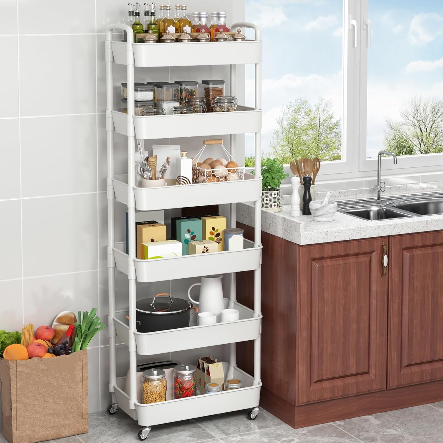 Sywhitta 6-Tier Plastic Rolling Utility Cart with Handle, Multi-Functional Storage Trolley for