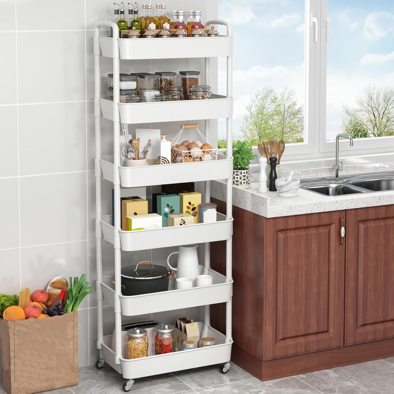 Sywhitta 6-Tier Plastic Rolling Utility Cart with Handle, Multi-Functional Storage Trolley for