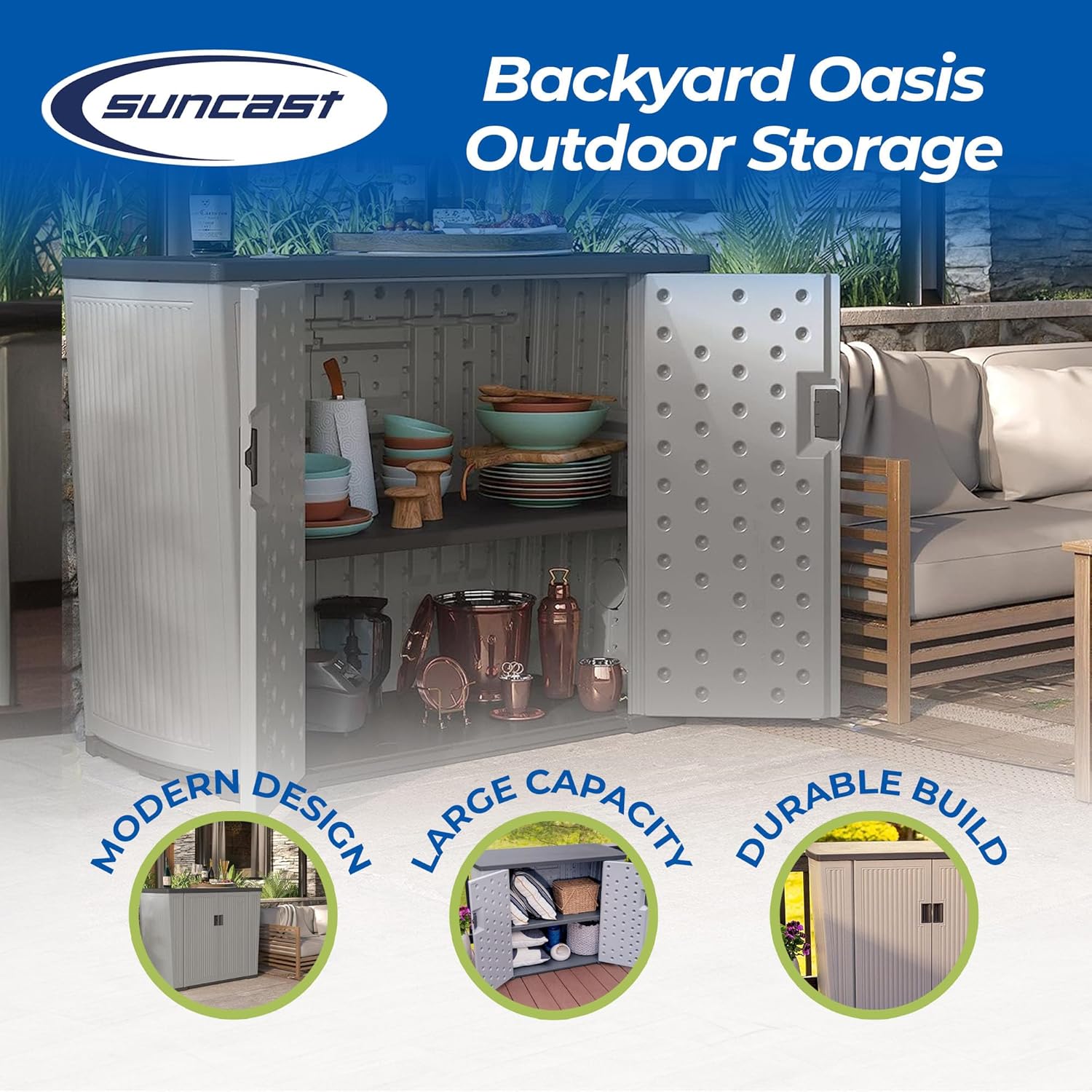 Suncast Outdoor Storage Shed for Patio and Garden, Backyard Oasis, 130 Gallon, Dove Gray