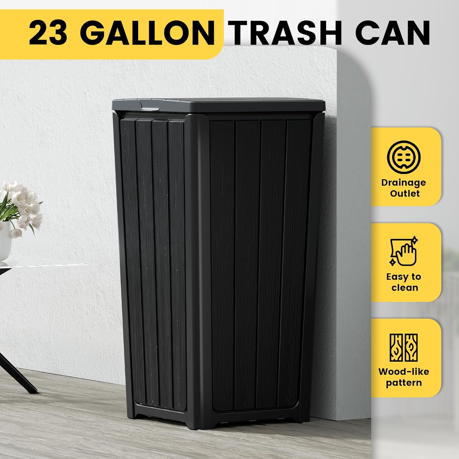 Outdoor Trash Can with Lid, Waterproof Resin Garbage Can with Tiered Lid, Outside Trash Bin for