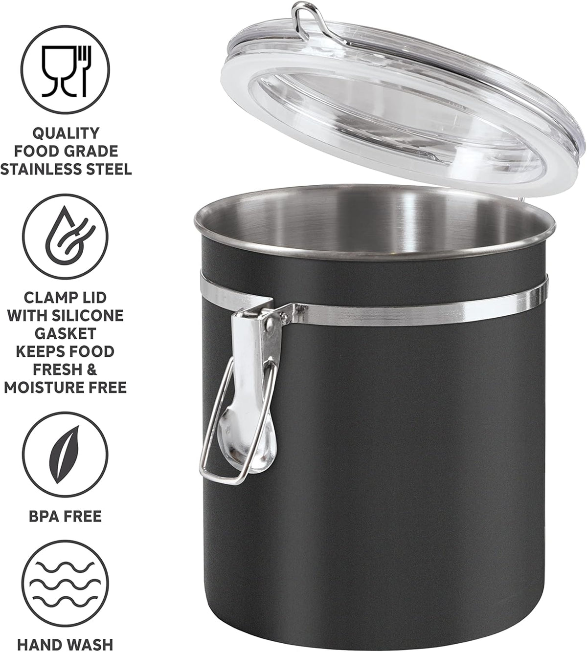 Oggi Stainless Steel Kitchen Canister 36 fl oz, Black - Airtight Clamp Lid, Clear See-Thru Top