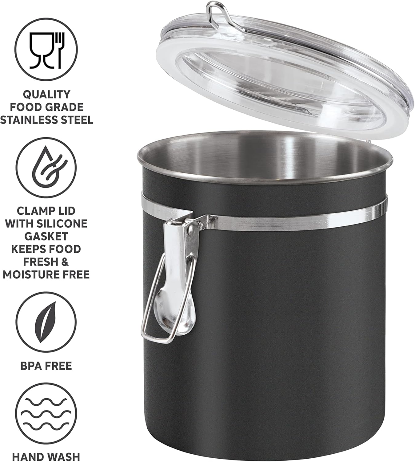 Oggi Stainless Steel Kitchen Canister 36 fl oz, Black - Airtight Clamp Lid, Clear See-Thru Top