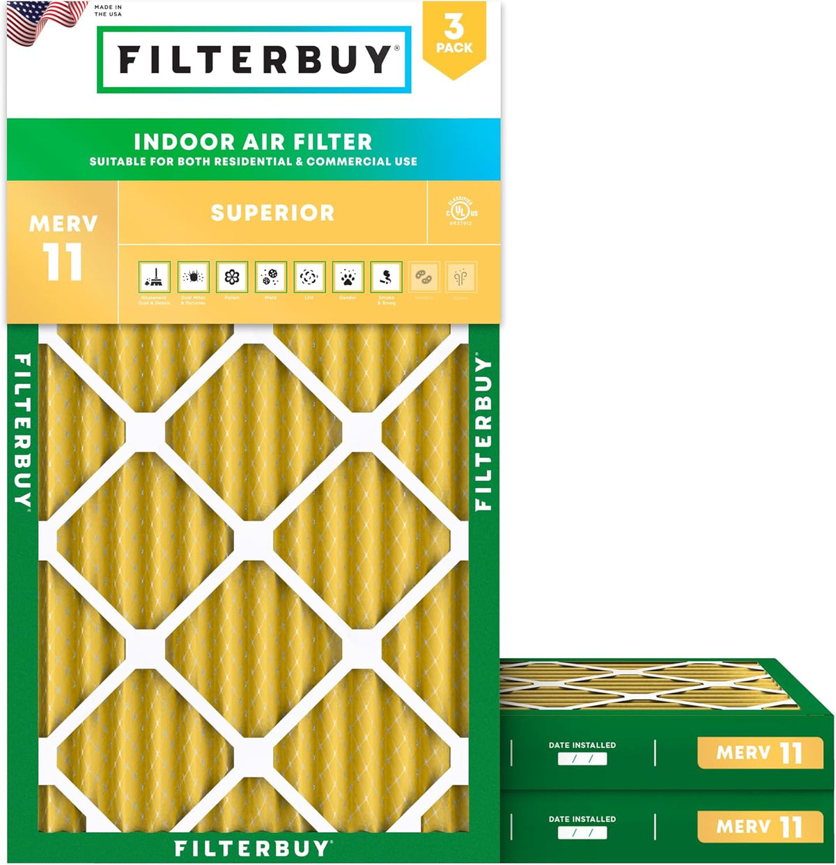 Filterbuy 12x25x2 Air Filter MERV 11 (MPR 1200) Allergen Defense Replacement (3-Pack)