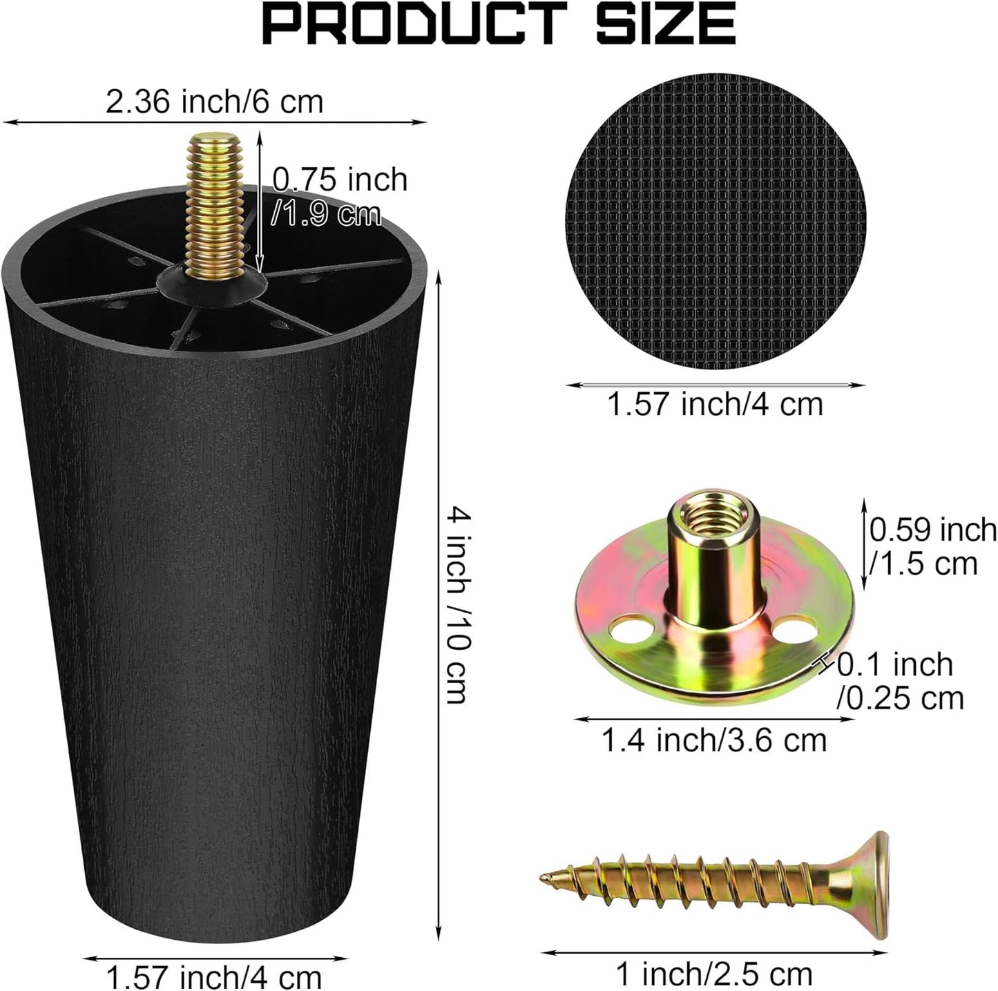 TURSTIN 8 Pack 4 Inch Plastic Furniture Legs with M8 T-Nuts Screws Tapered Sofa Couch and Chair