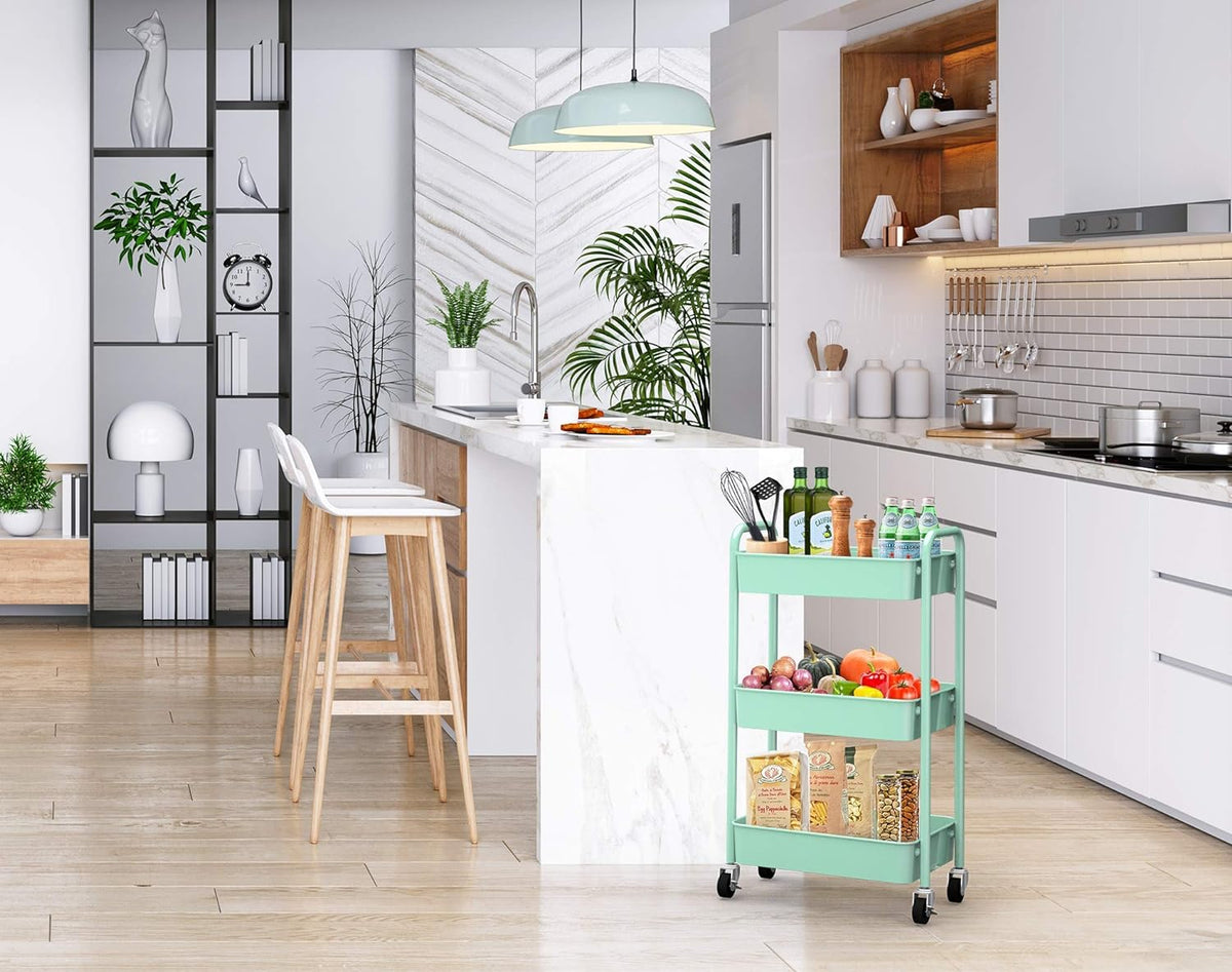 CAXXA 3-Tier Rolling Metal Storage Organizer - Mobile Utility Cart, Kitchen Cart with Caster Wheels