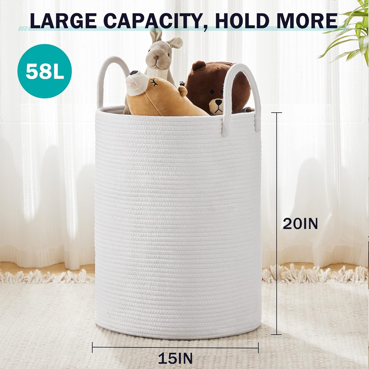 Woven Rope Laundry Hamper Basket by YOUDENOVA, 58L Tall Laundry Basket, Baby Nursery Hamper for