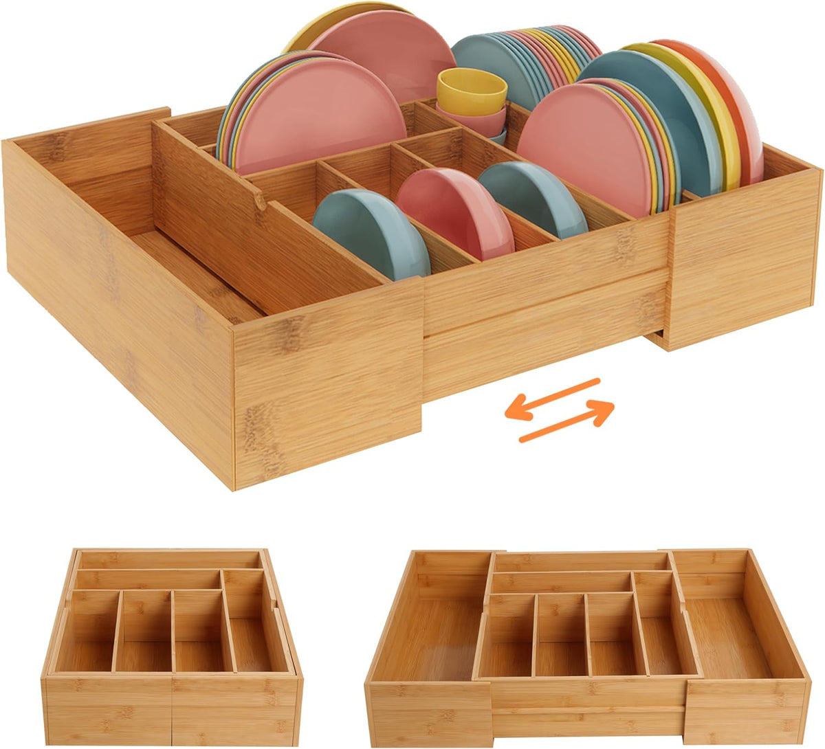 BAMEOS 3.9inch Tall Bamboo Drawer Organizer, Expandable Utensil Holder with 8 Compartments