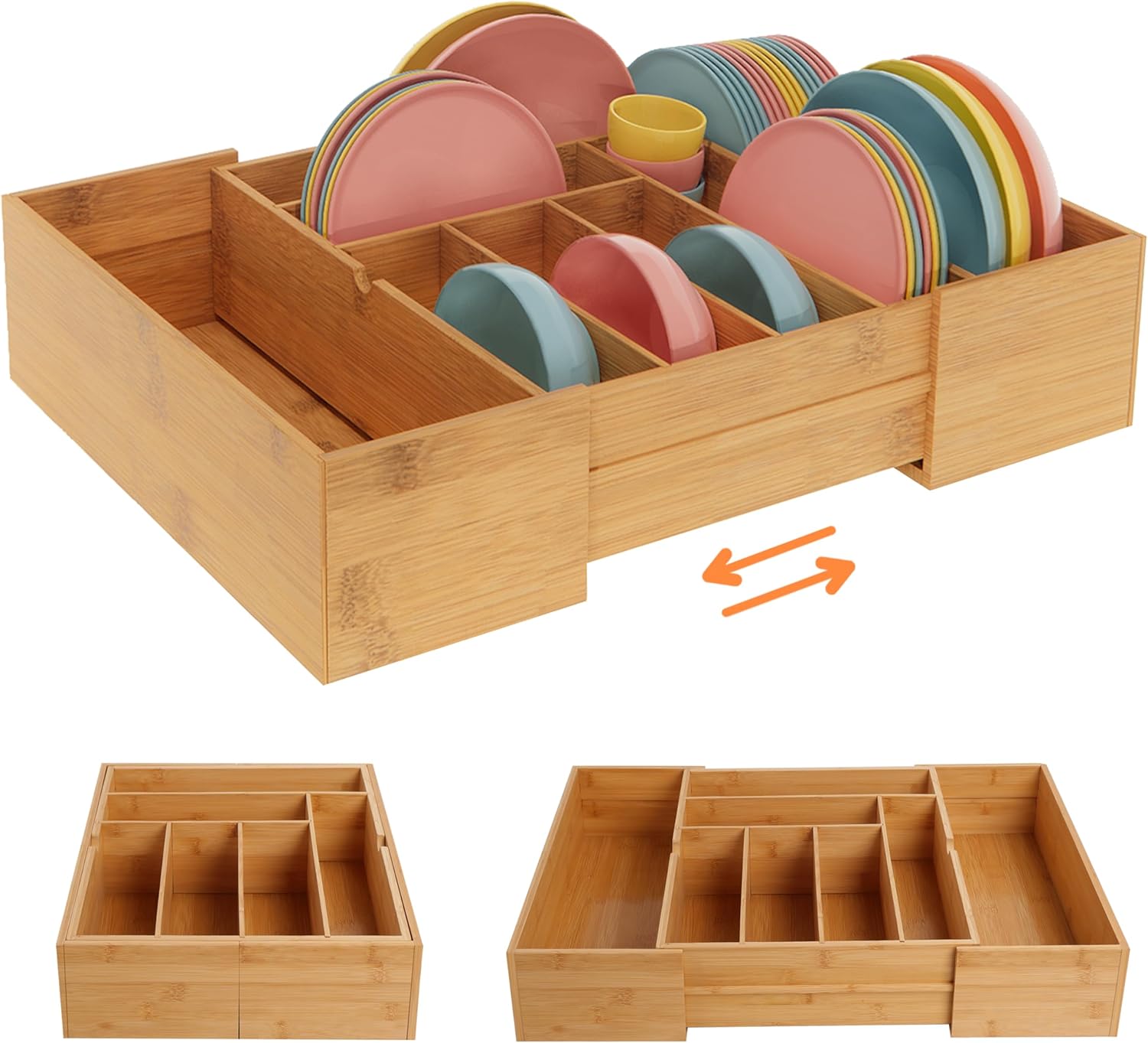 BAMEOS 3.9inch Tall Bamboo Drawer Organizer, Expandable Utensil Holder with 8 Compartments