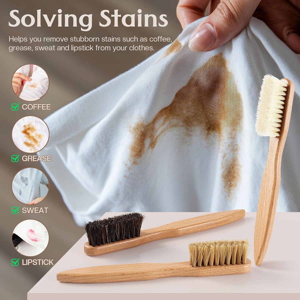 3 Pcs Wood Laundry Stain Brush Stain Remover Brushes with Boar Bristle Small Stain Brush for